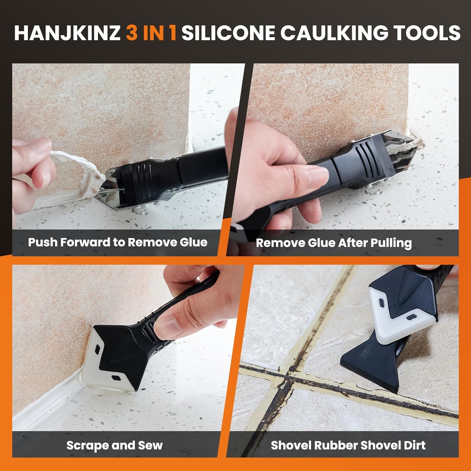 3 in 1 Silicone Caulking Tools（Stainless Steelhead), 12pack, Caulk Remover Tool Kit with Replace Silicone Padsgood Pads and Caulk Finishing Tools, Caulking Tool Kit for Kitchen, Bathroom
