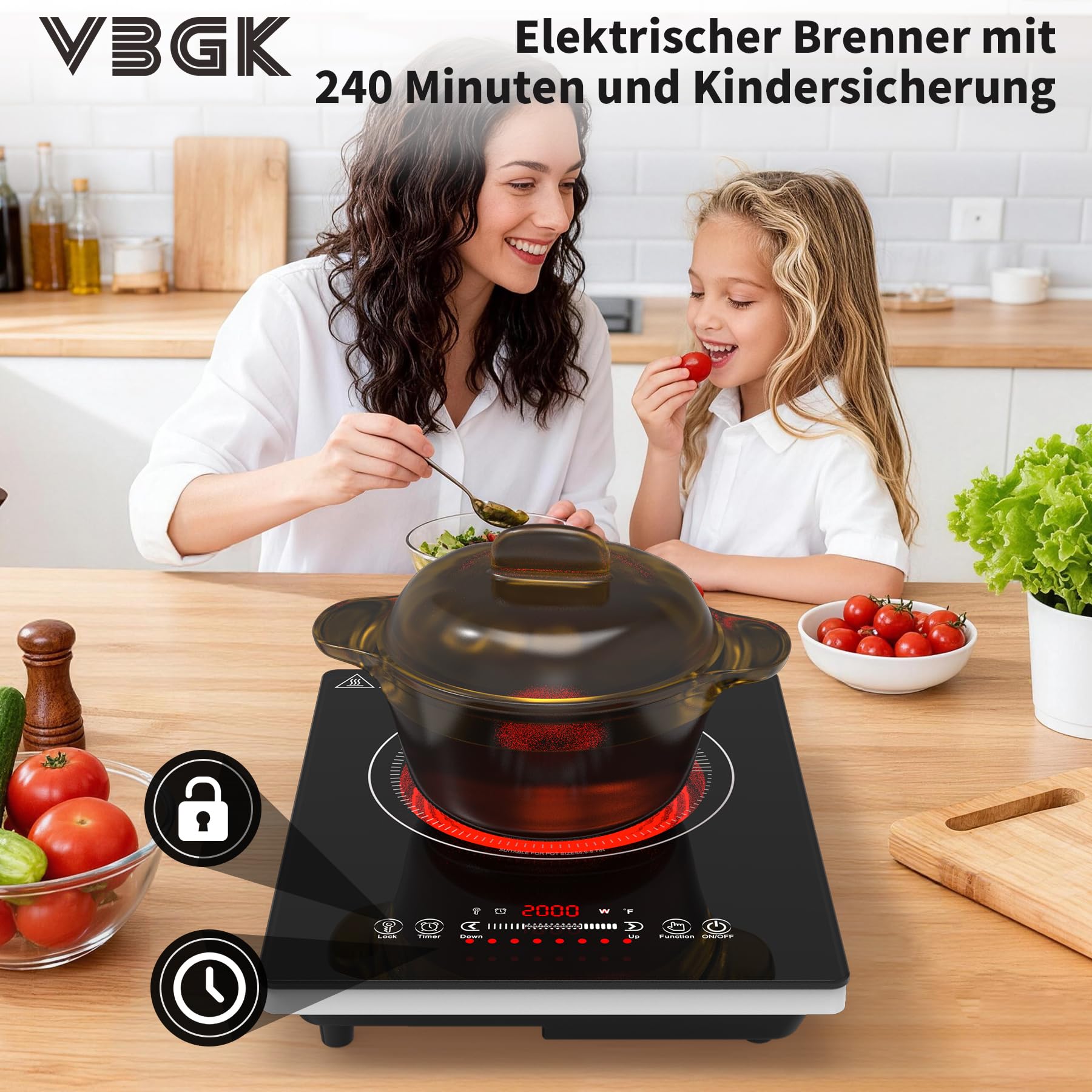 VBGK Cerankochfeld 1 Platte, 220V, 2000W glaskeramikkochfeld Cerankochfeld mit LED-Touch-Steuerung, 10 Leistungsstufen, 4-Stunden-Timer, Sicherheitsverriegelung