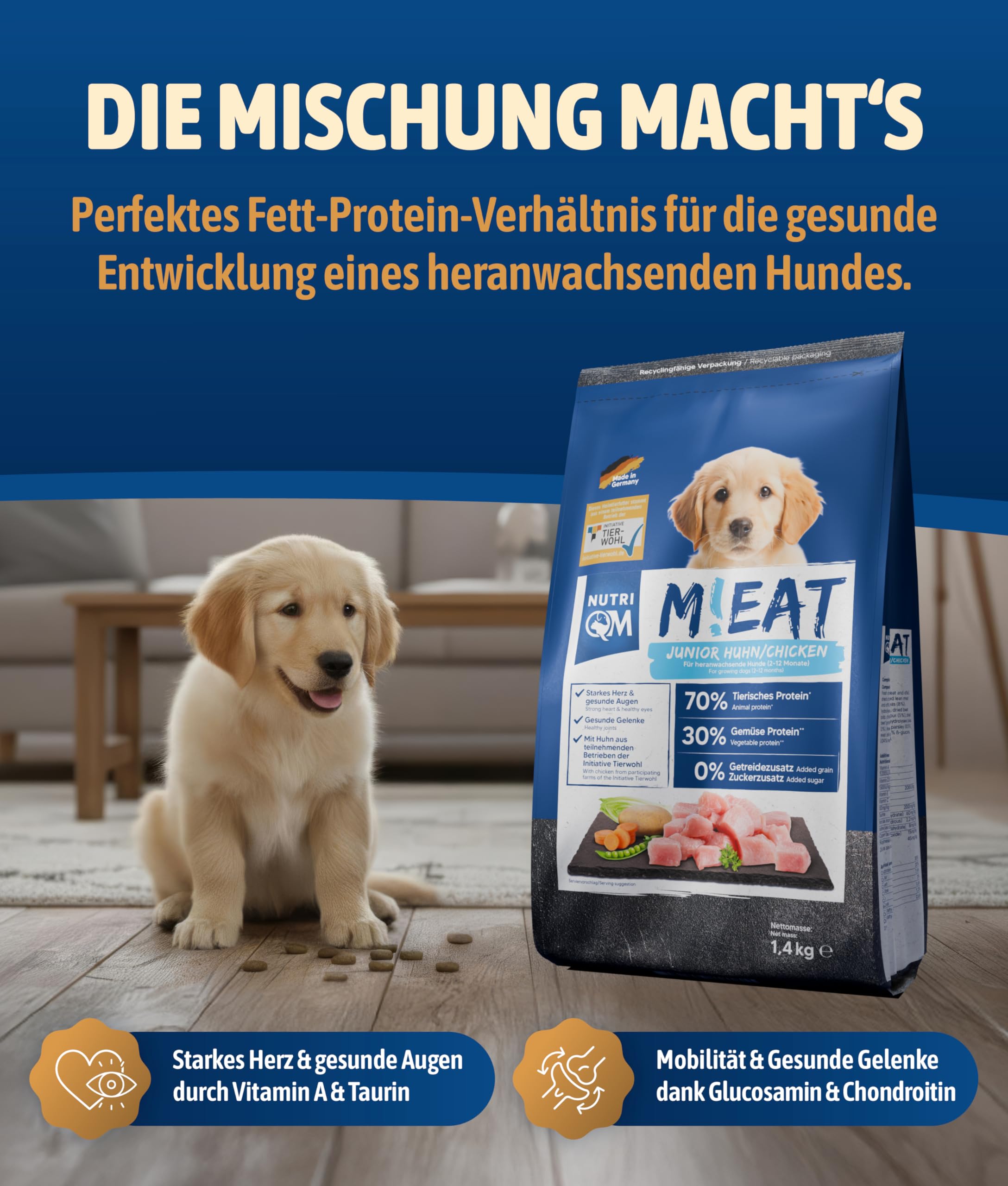 NutriQM® M!EAT Welpen Trockenfutter | Getreidefrei | 14 kg (10×1,4 kg) | Hundefutter trocken mit Fischöl & Hühnerfleisch | Junior Trockenfutter Hund ohne Zucker & Zusatzstoffe | Made in Germany