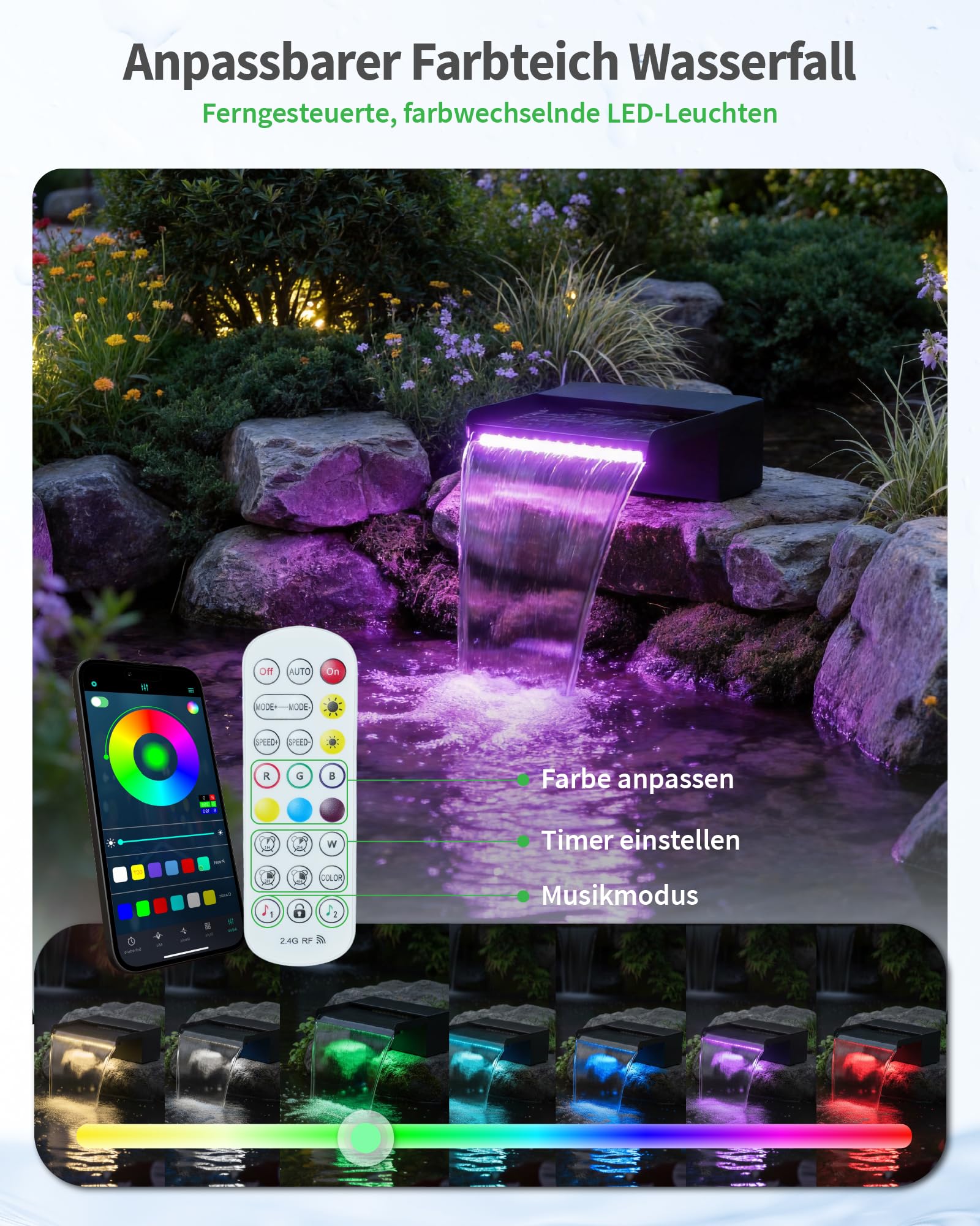 POPOSOAP Cascada de estanque de 20 cm de ancho, caja de cascada de acero inoxidable con bomba de estanque de 2500 L/H, cadena de luces LED de cambio de color controlada por control remoto, juego de