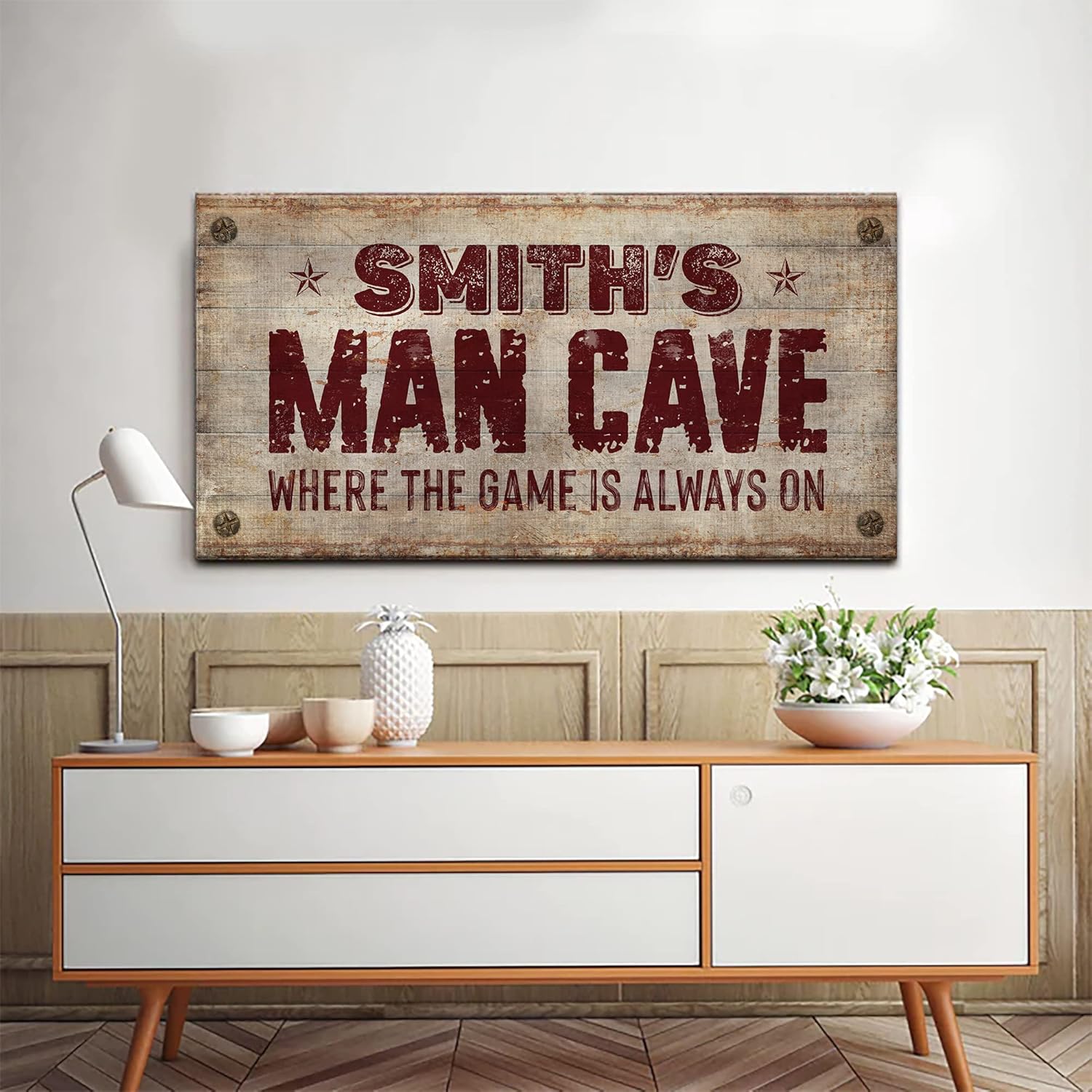 Tailored Canvases Man Cave Wall Sign - Personalized Mancave Wall Art Decor for Men, Guys - Custom Decoration for Home Bar, Entertainment Room, Game Room and Basement - Rustic Decoration 36x12in