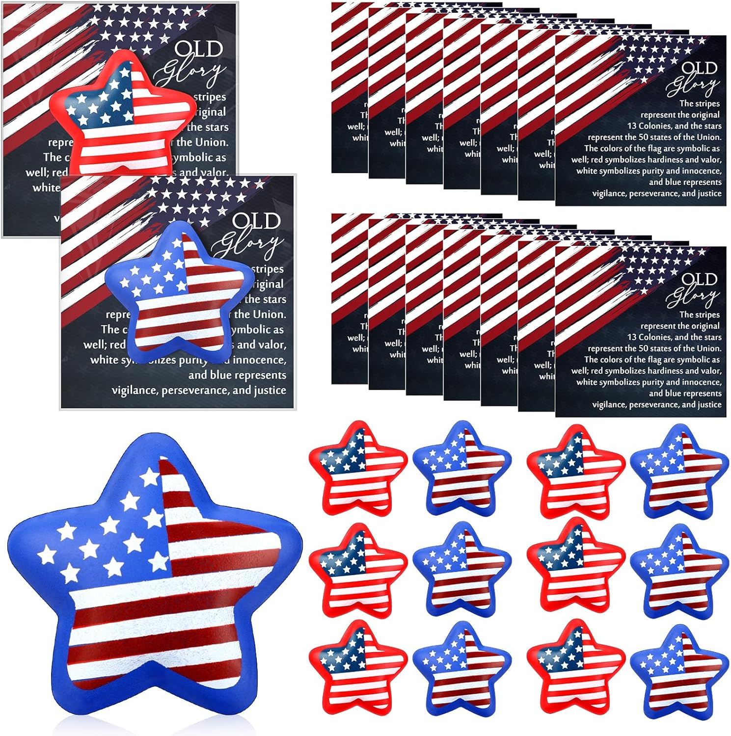 Meooeck USA Flag Stress Ball Gifts - American Patriotic Star Favors with Old Glory Cards, Bulk Souvenirs for Veterans Soldiers Patriots Parade Throws Party Decoration Supplies(60 Sets)