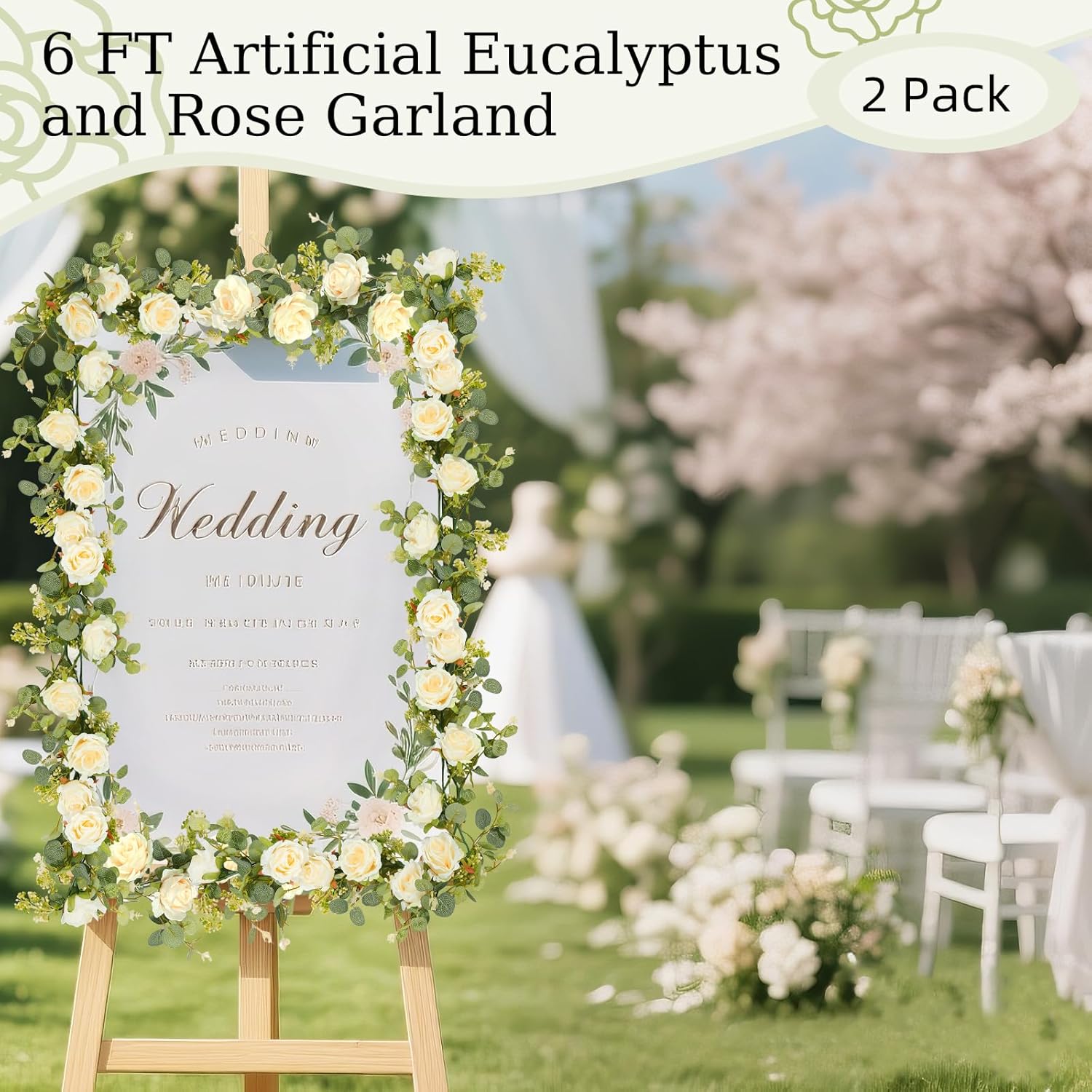 Lewondr Artificial Eucalyptus Garland with Flower, 2Pack 13FT Faux Floral Greenery Garlands Fake Flowers Vines, Maintenance-Free for Wedding Table Backdrop Party Centerpiece Room Decor, Champagne - Image 2