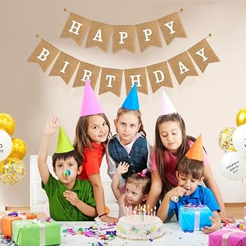 Happy Birthday Bannner, Pre-Strung Burlap Bannner, Happy Birthday Sign for Birthday Party Decorations