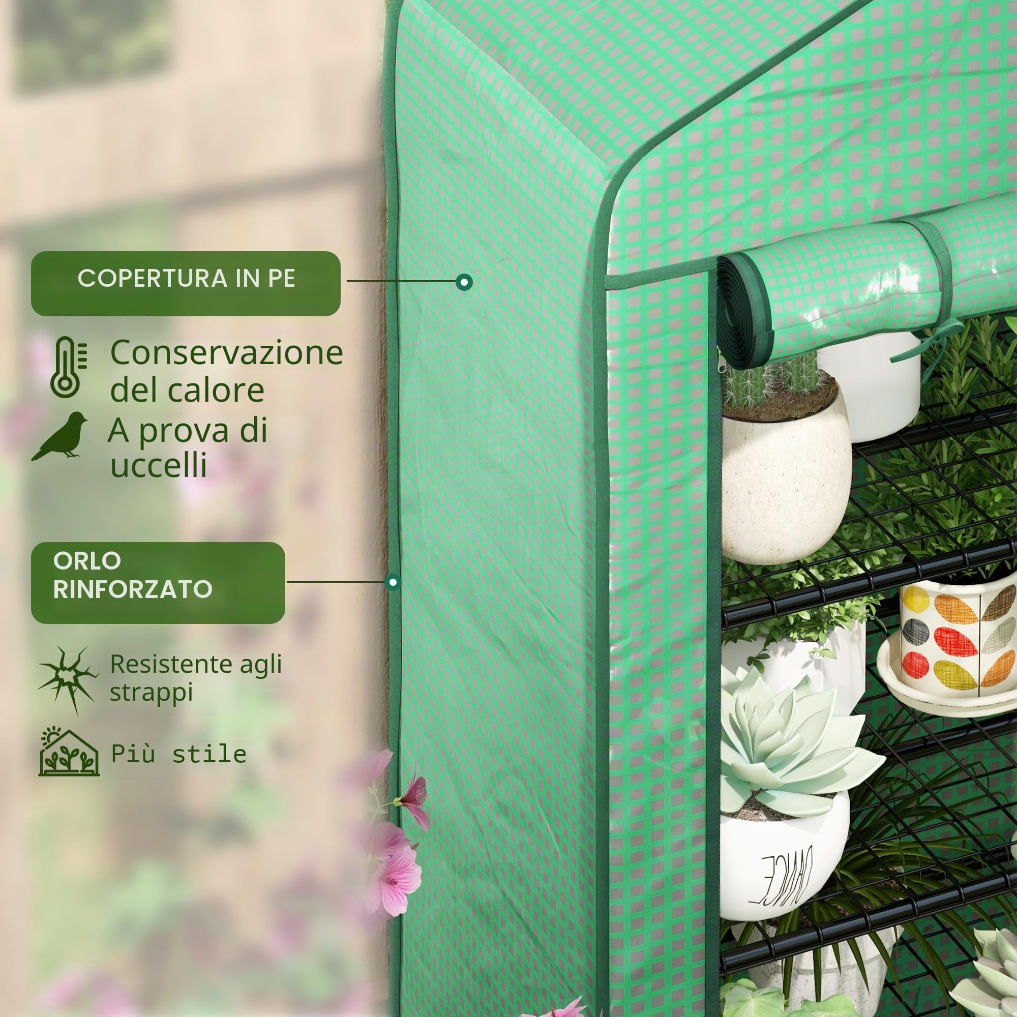 Outsunny Mini serra allargata a 4 ripiani, copertura PE rinforzata, Verde | Serra portatile, porta a cerniera, ripiani in metallo, interno/esterno, 90x49x160cm