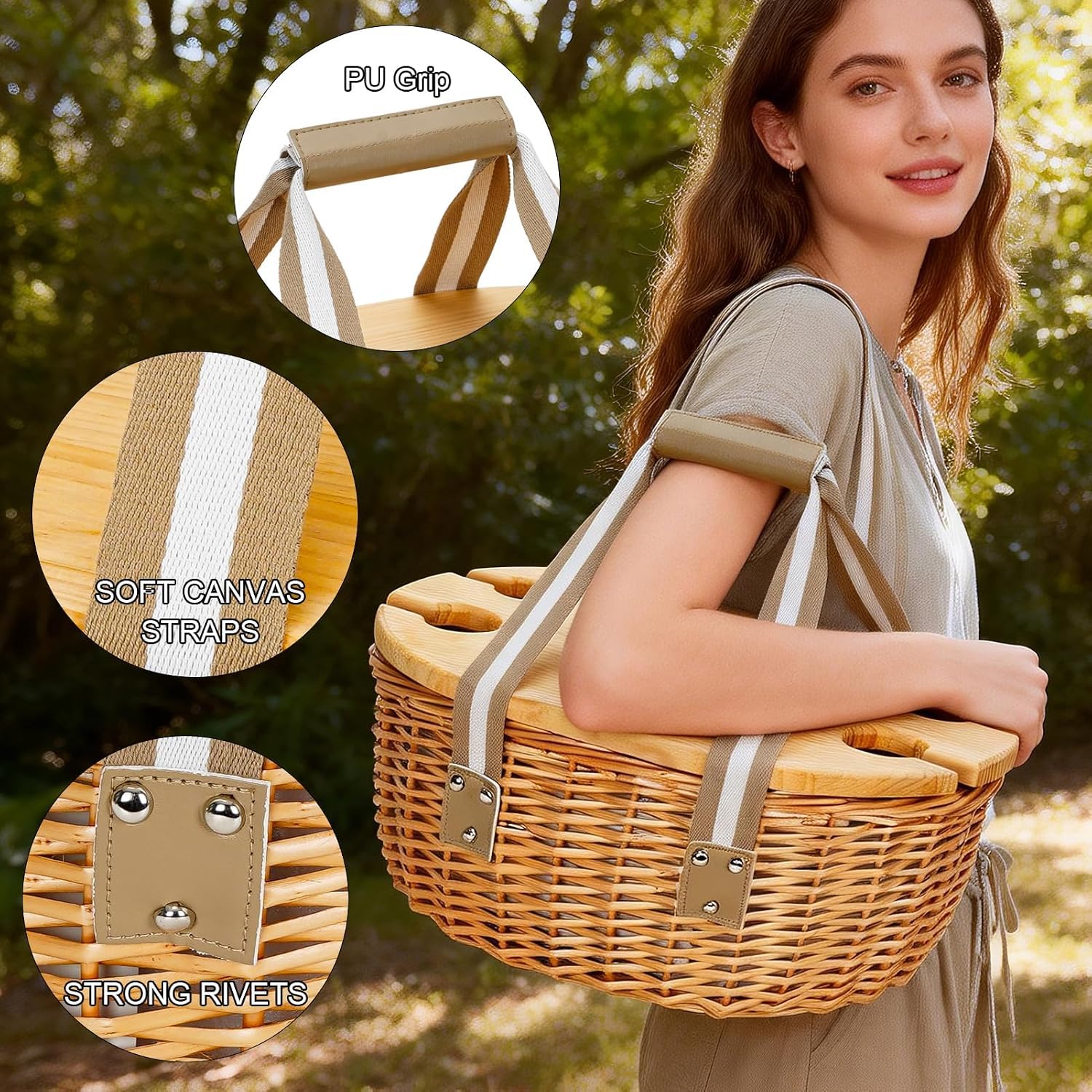 Cesta de picnic para 4 personas, juego de picnic de mimbre con mesa de vino, kit de cesta de sauce con bolsa térmica aislada para camping, al aire libre, Navidad, fiesta (beige)