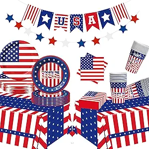 75 Pcs 4th of July Patriotic Party Decorations Set - Red, White & Blue USA Flag Paper Plates, Napkins, Cups, Tablecloth, Banner for Memorial Day & Veterans