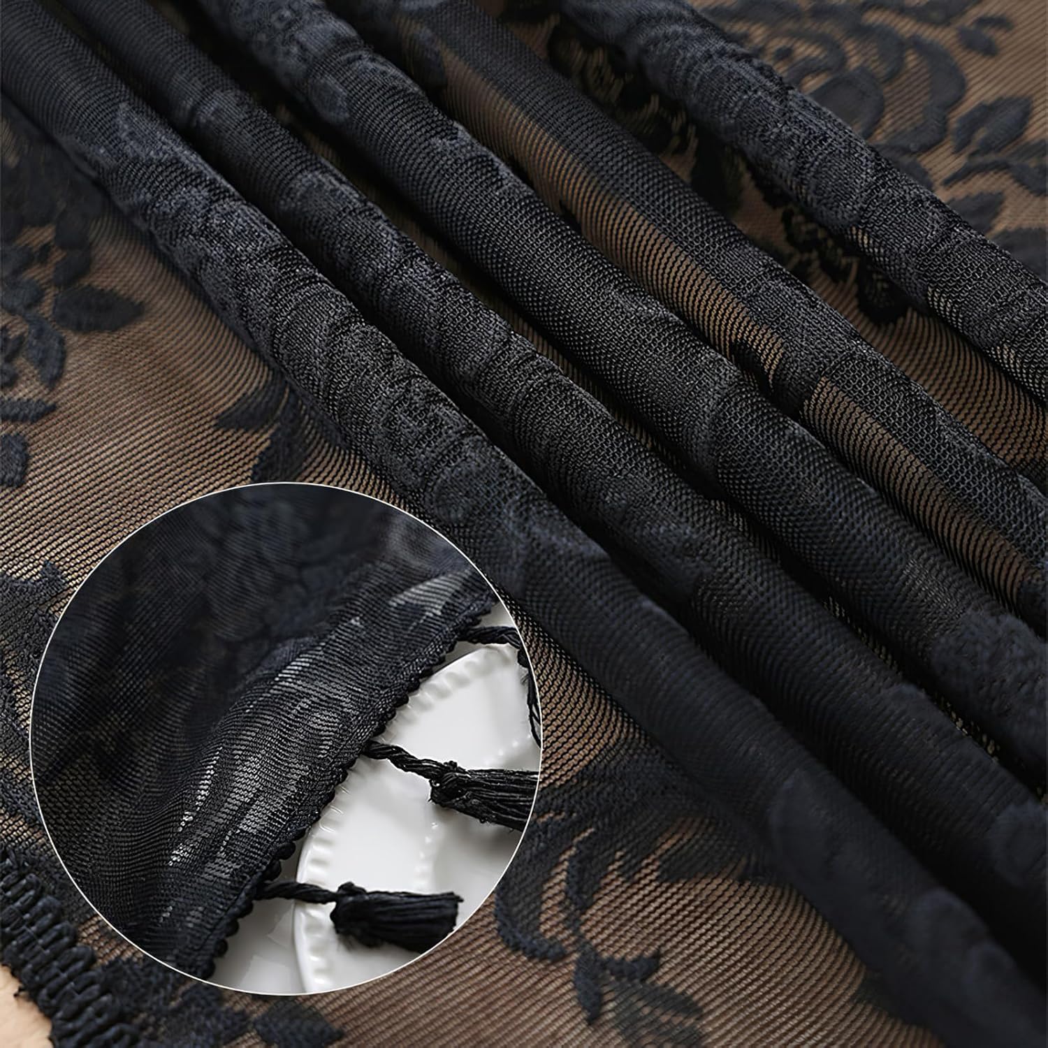 French Lace Tablecloth Square Black Flower Embroidered Table Linen with Tassels Rustic Overlay Table Cover for Dining Wedding Party Holiday Tabletop Decor, 55x55 inch