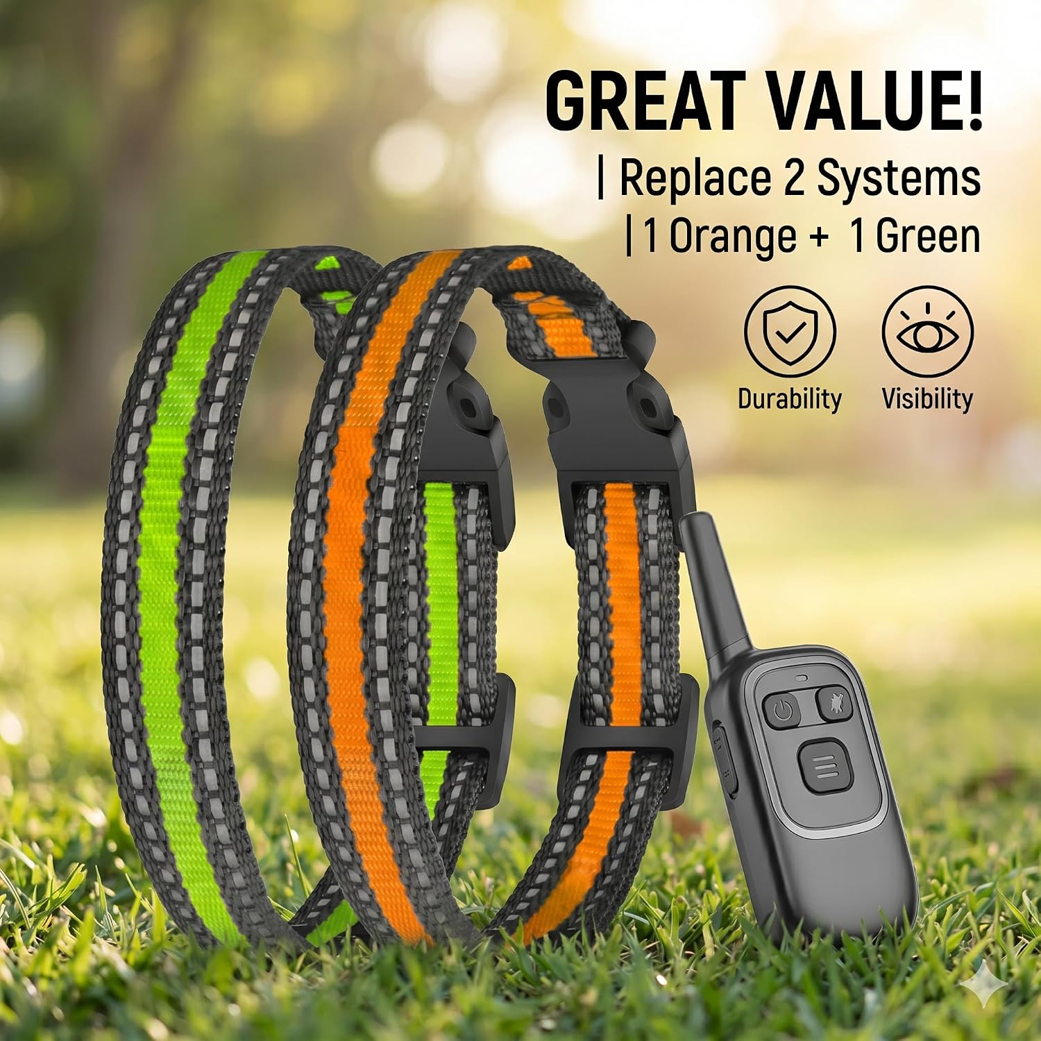 2 Packs Dog Collars Strap for Most of Electronic Training Shock Bark Collar Receivers-Adjustable Durable Reflective Waterproof 3/4 Inch Collar Replacement for Barking Fence-Pet Collar (Green + Orange) image 2