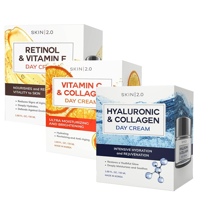 Skin 2.0 Conjunto com 3 cremes faciais: Ácido hialurônico e colágeno, Vitamina C e colágeno, Retinol e vitamina E