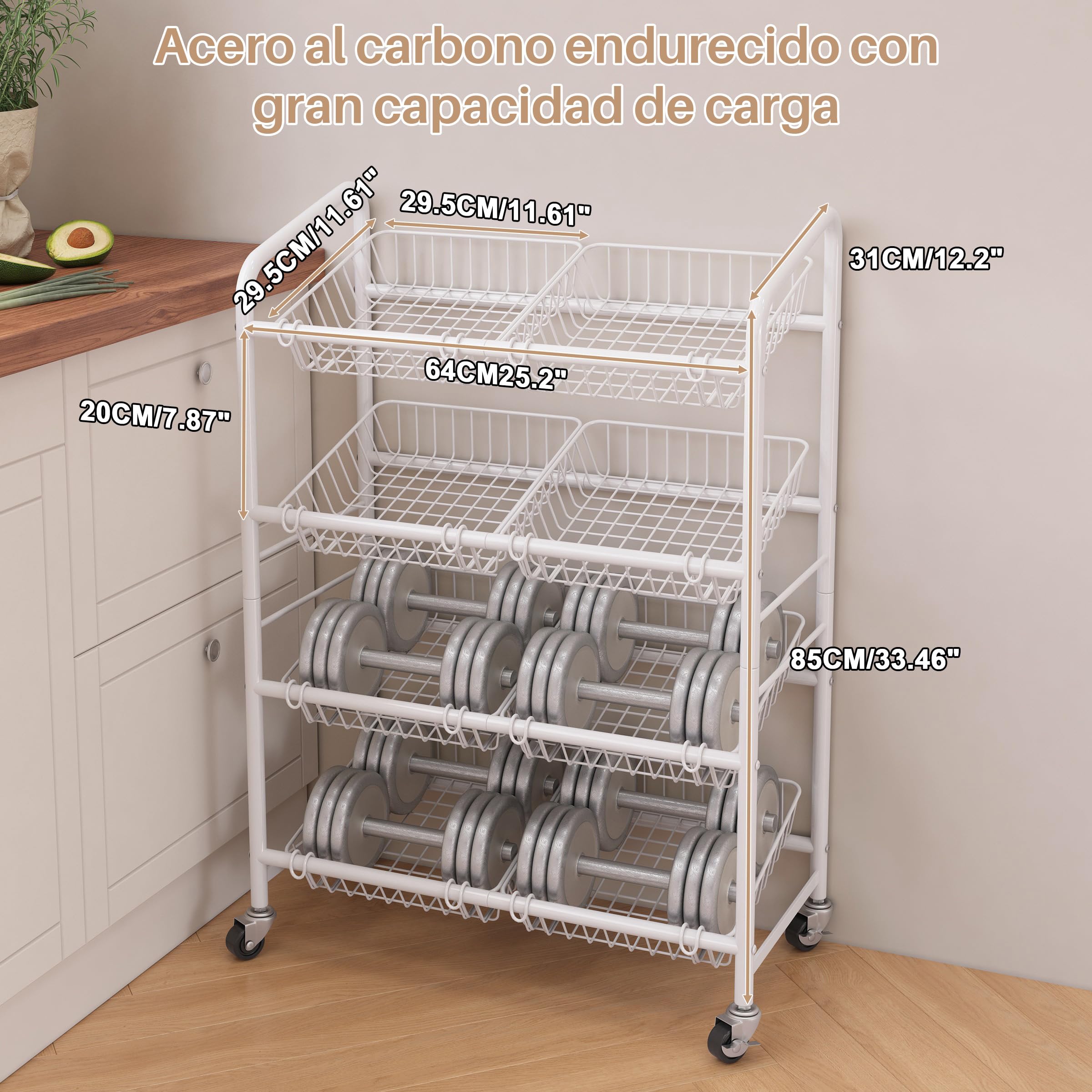 4 Niveles Carro de Cocina, Gran Capacidad Carro de Almacenamiento | 8 Cestas Extraíble, 31x65x85 cm, Carro de Metal con Ruedas Blancas