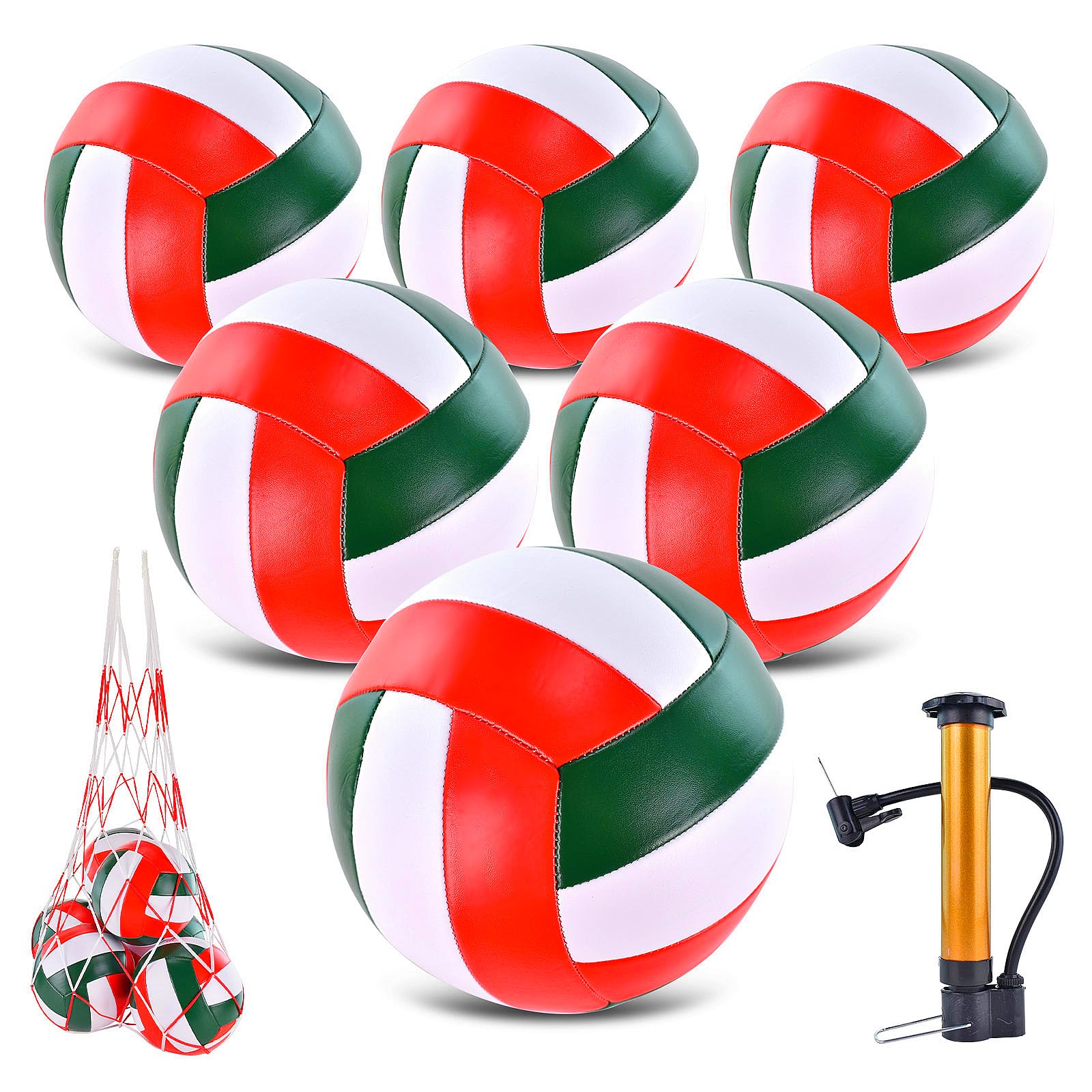ELKCIP 6 Pack Volleyballs Official Size 5, Soft Bulk Recreational Volley Balls with Pump and Net Bag for Indoor Outdoor Beach Pool Water Sand Game Training Match Gift for Beginner Teenager, Green Red