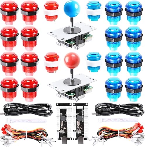 LED Arcade DIY Parts 2x Zero Delay USB Encoder + 2x 8 Way Joystick + 20x LED Illuminated Push Buttons for Mame Jamma Arcade Project Red + Blue Kits