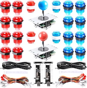 Easyget LED Arcade DIY Parts 2x Zero Delay USB Encoder + 2x 8 Way Joystick + 20x LED Illuminated Push Buttons for Mame Jamma Arcade Project Red + Blue Kits