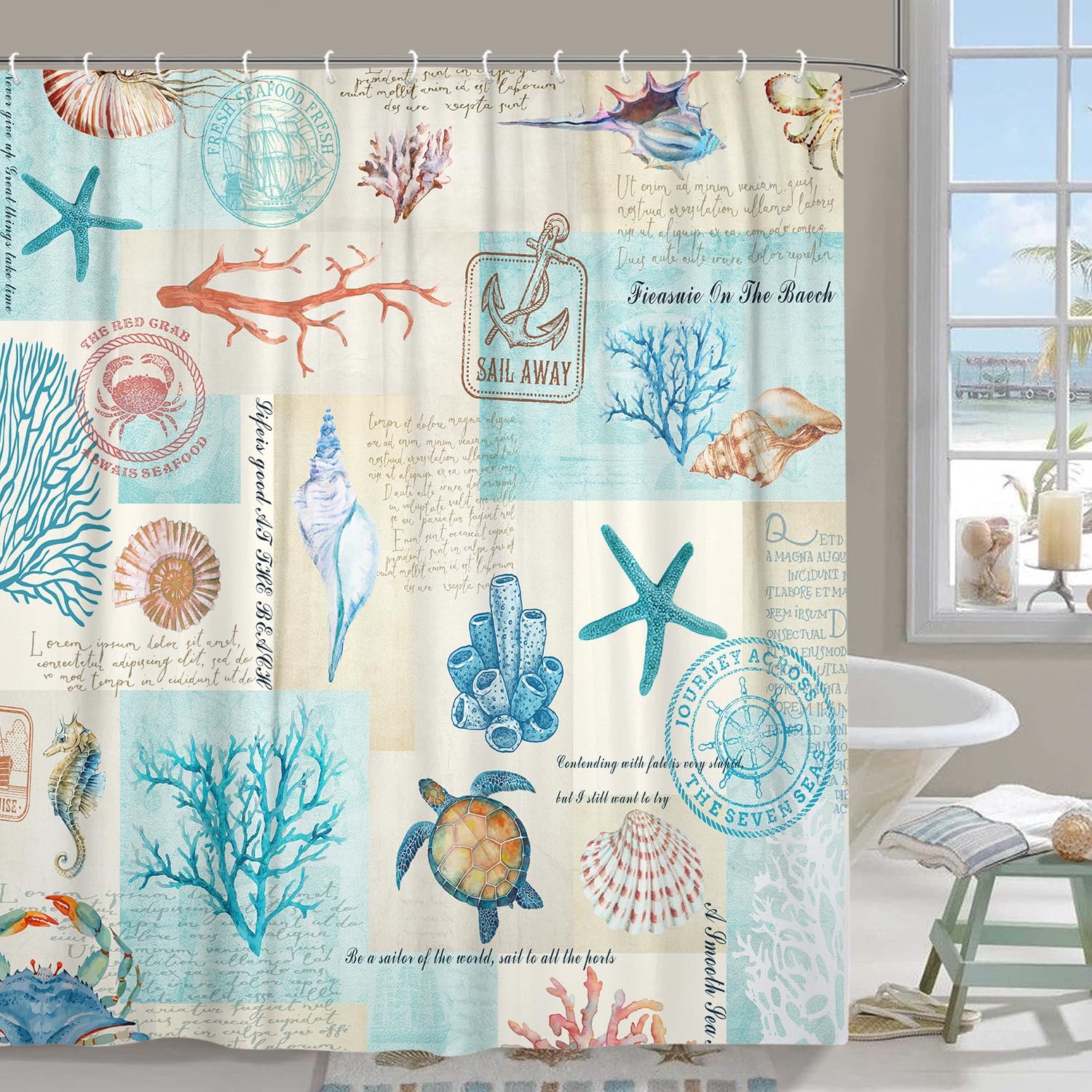 PINPAI Nautical Coastal Shower Curtain, Beach Theme Shower