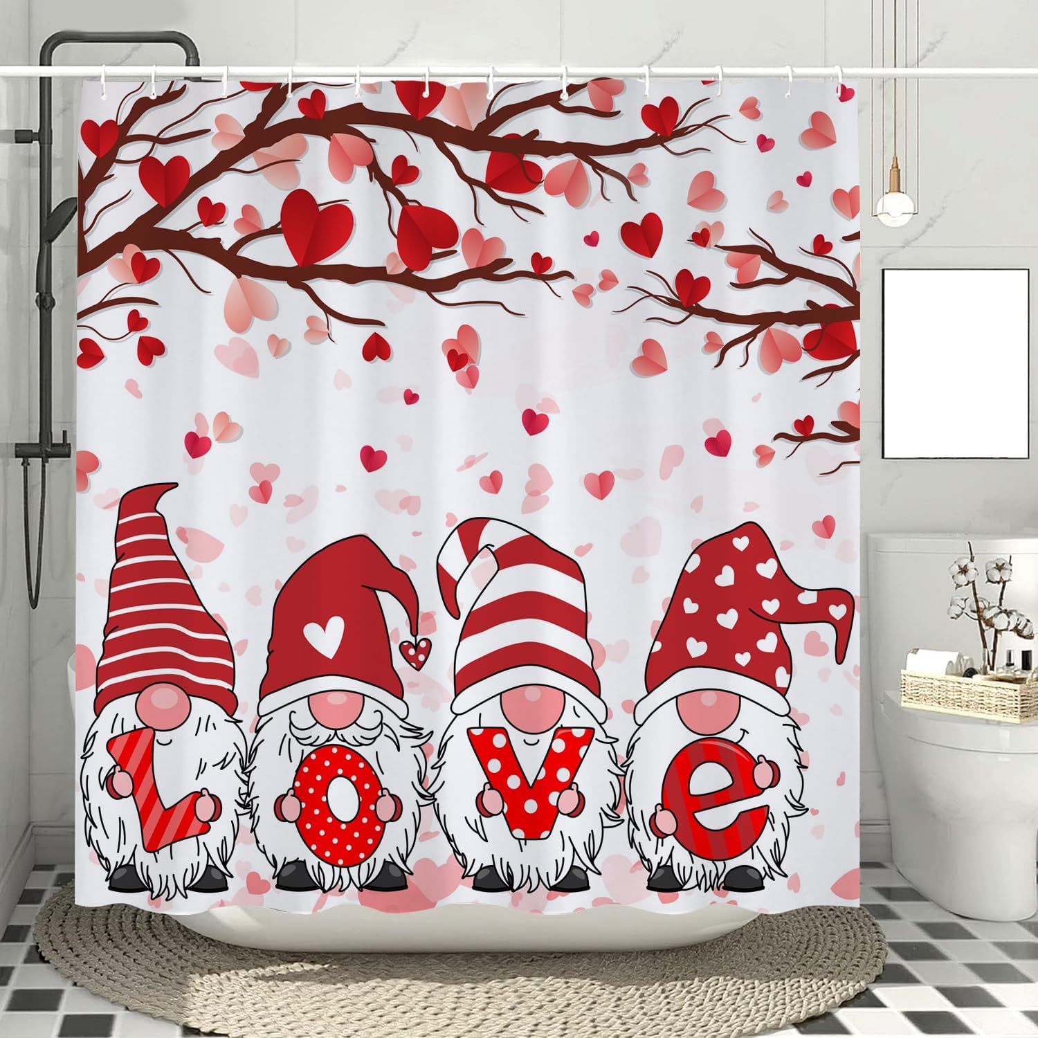Gnome Valentine Shower Curtain, Valentines Day Shower Curtain, Valentines Shower Curtain Set