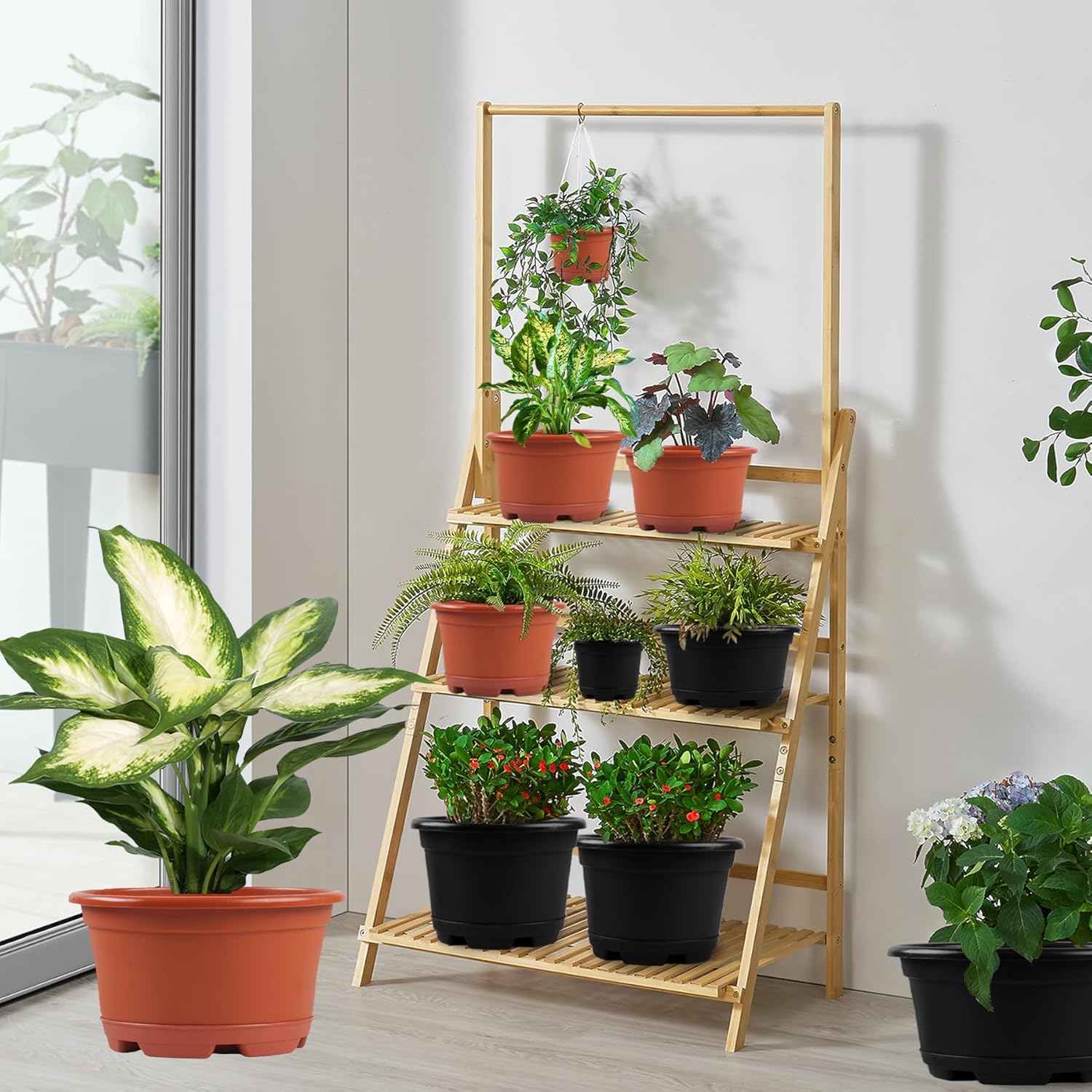 KPUVX 5 Pack 10.5 inch Plant Pots,Planter-Pots-for-Plants，Plastic Flower Pot for Indoor Outdoor Plants with Drainage Holes & Trays, Decorative Garden Containers Sets for Houseplants