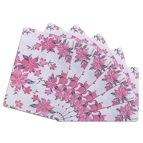 Kuber Industries Dining Table Mat | PVC Cream & Pink Flower Print | Table Mat | Placemats for Kitchen | Refrigerator Liners Mats | Shelf Liner Mat | Set of 6 | Multicolor