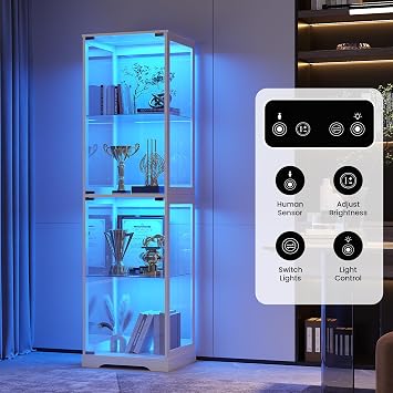 FREDEES Glass Display Cabinet with LED Lights, 165CM Tall, White