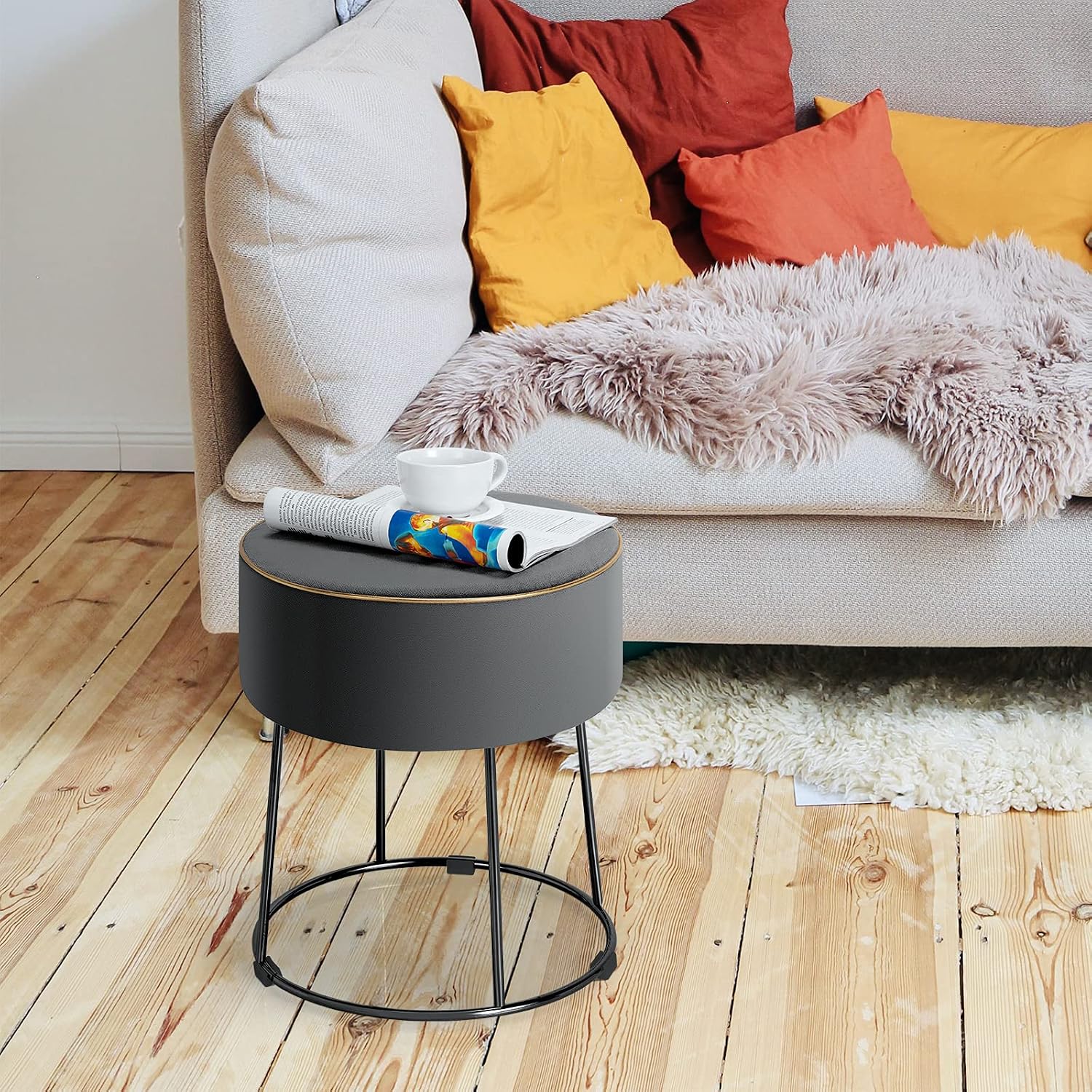 Giantex Round Footrest Stool Ottoman, Velvet Vanity Sitting Stool, Upholstered Side Table Seat w/Metal Legs, Thick Padded Seat & Non-Slip Foot Pads for Sofa Side, Bedside, Dressing Table (Grey)