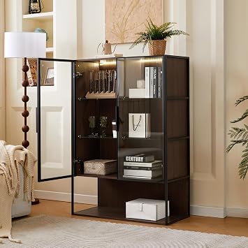 51.2 Tall Lighted Display Cabinet with Tempered Glass Door, Metal e LED Curio Cabinet, Modern Minimalist Style, for Living Room, Office, Study