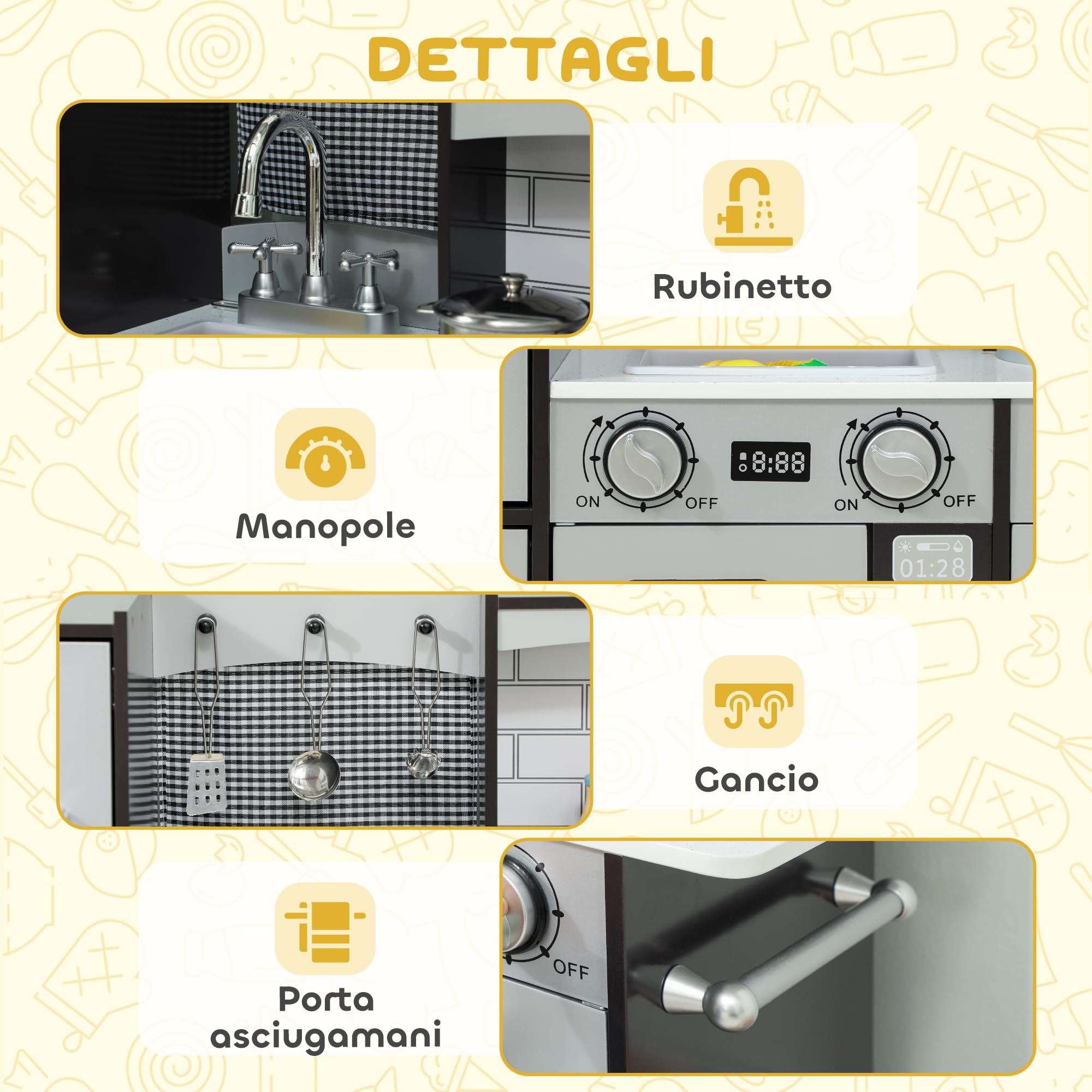 AIYAPLAY Cucina Giocattolo per Bambini, Cucina Legno per Bambini, Cucinetta Giocattoli con Fornelli, Microonde, Armadietti, Lavandino, Pentole, Accessori in Acciaio Inox, 3-8 Anni, 81x27x80cm, Marrone