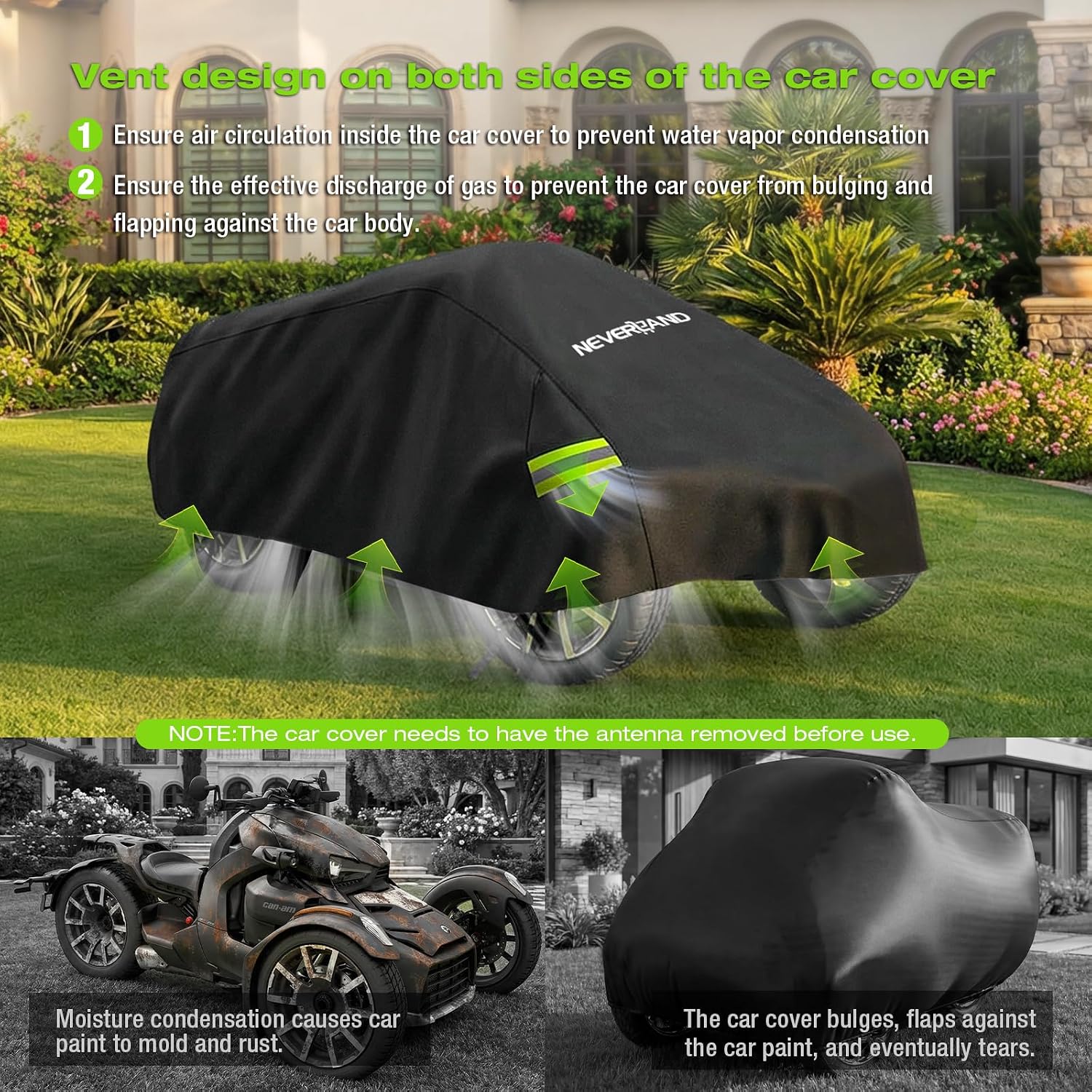 Can-Am Ryker Cover Waterproof Compatible with Ryker 600 900 Sport Rally Edition, 420D Full Cover with UV Protection, Windproof Ventilated Design, Reflective Strips for Outdoor Protection