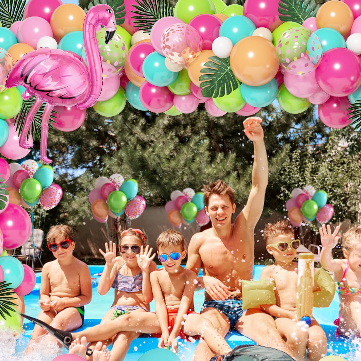 124Pcs Tropical Balloons Arch Garland Kit, Green Hot Pink Rose Gold Confetti Balloons Palm Leaves for Tropical Hawaiian Aloha Luau Flamingo Birthday Party Baby Shower Wedding Decorations
