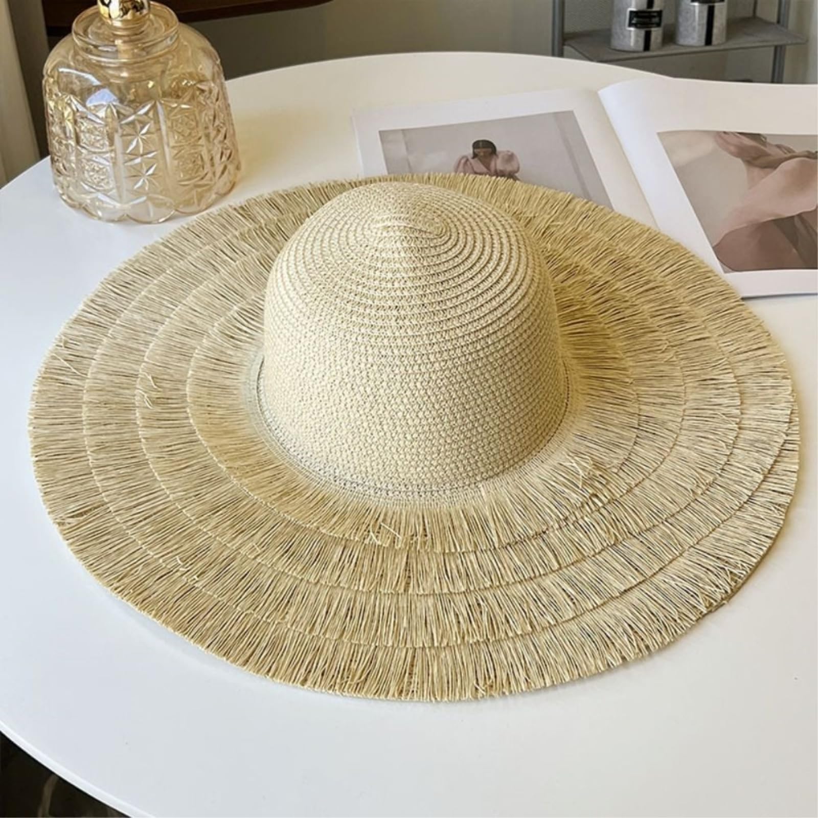 Straw Hat Women's Fashionable Wide-Brimmed Hat, składany Casual Panama Sun Protection Fisherman Hat-beżowy