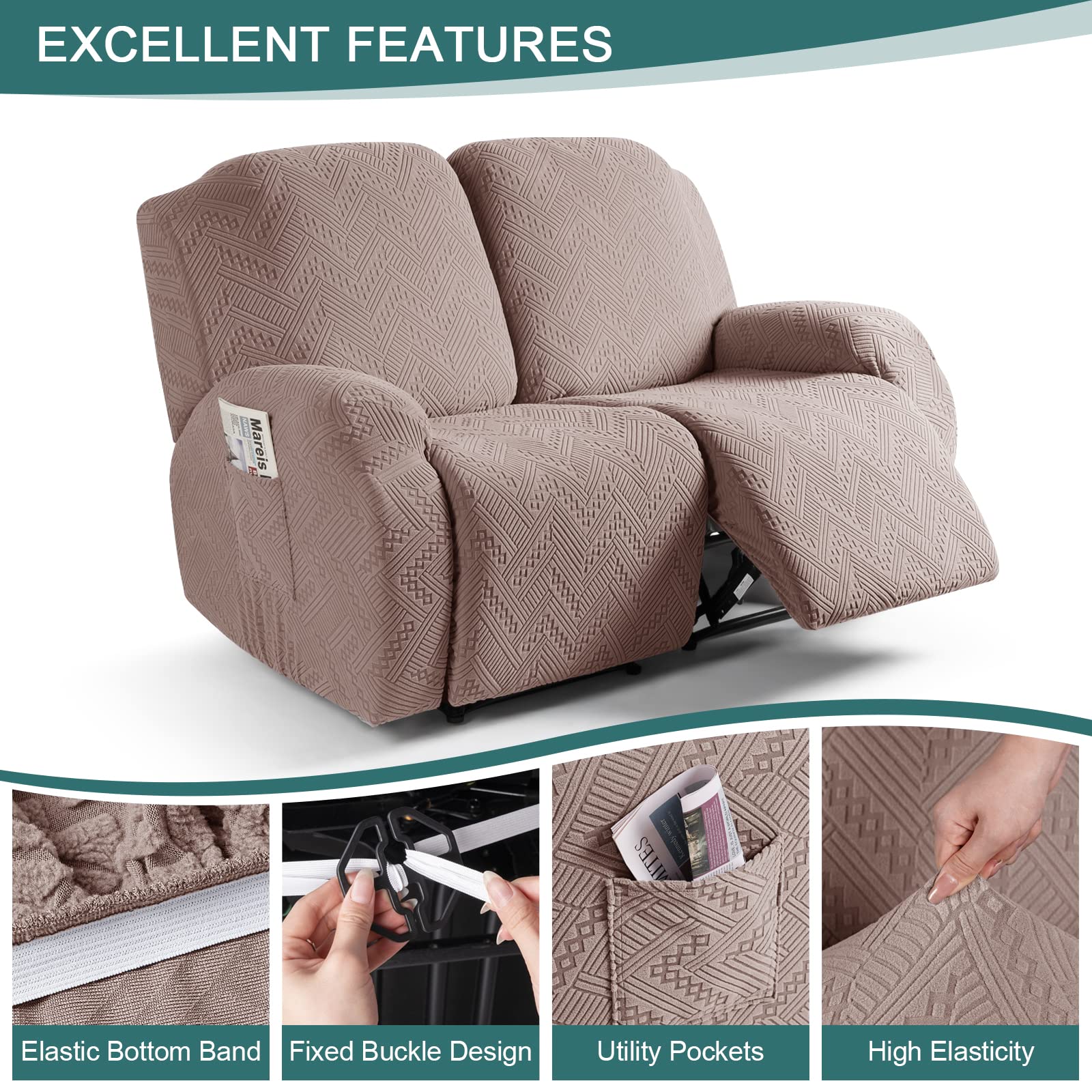 Ruaozz Stretch Loveseat Recliner Covers 2-Pieces Reclining Couch Cover