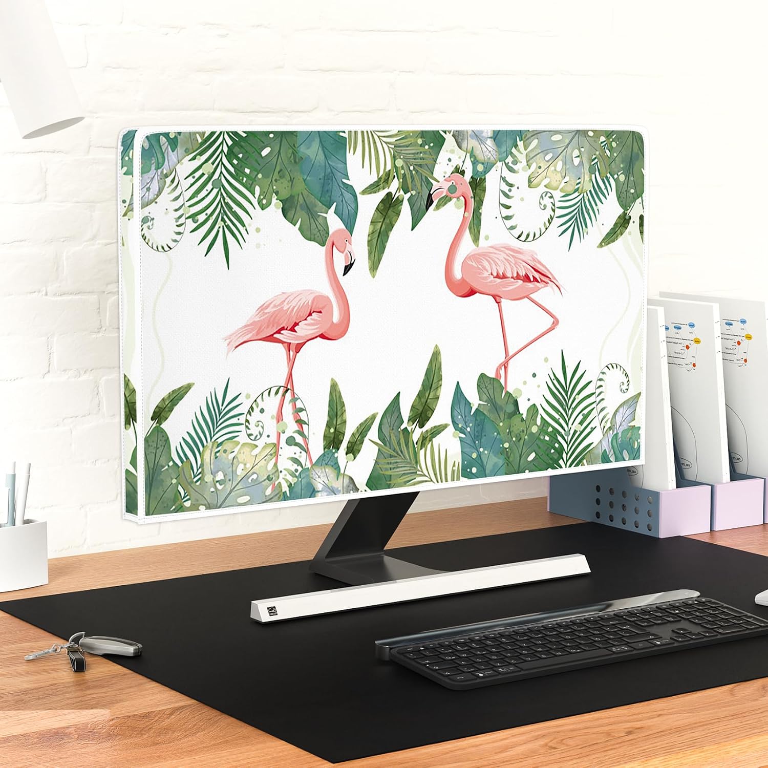 Tropical Flamingo Waterproof Computer Monitor Cover 22, 23, 24, 25 Inch Palm Leaves Dust Proof Monitor Covers for Computer Screen Decorative Full Body Cover for Computer Screen，Green and Pink