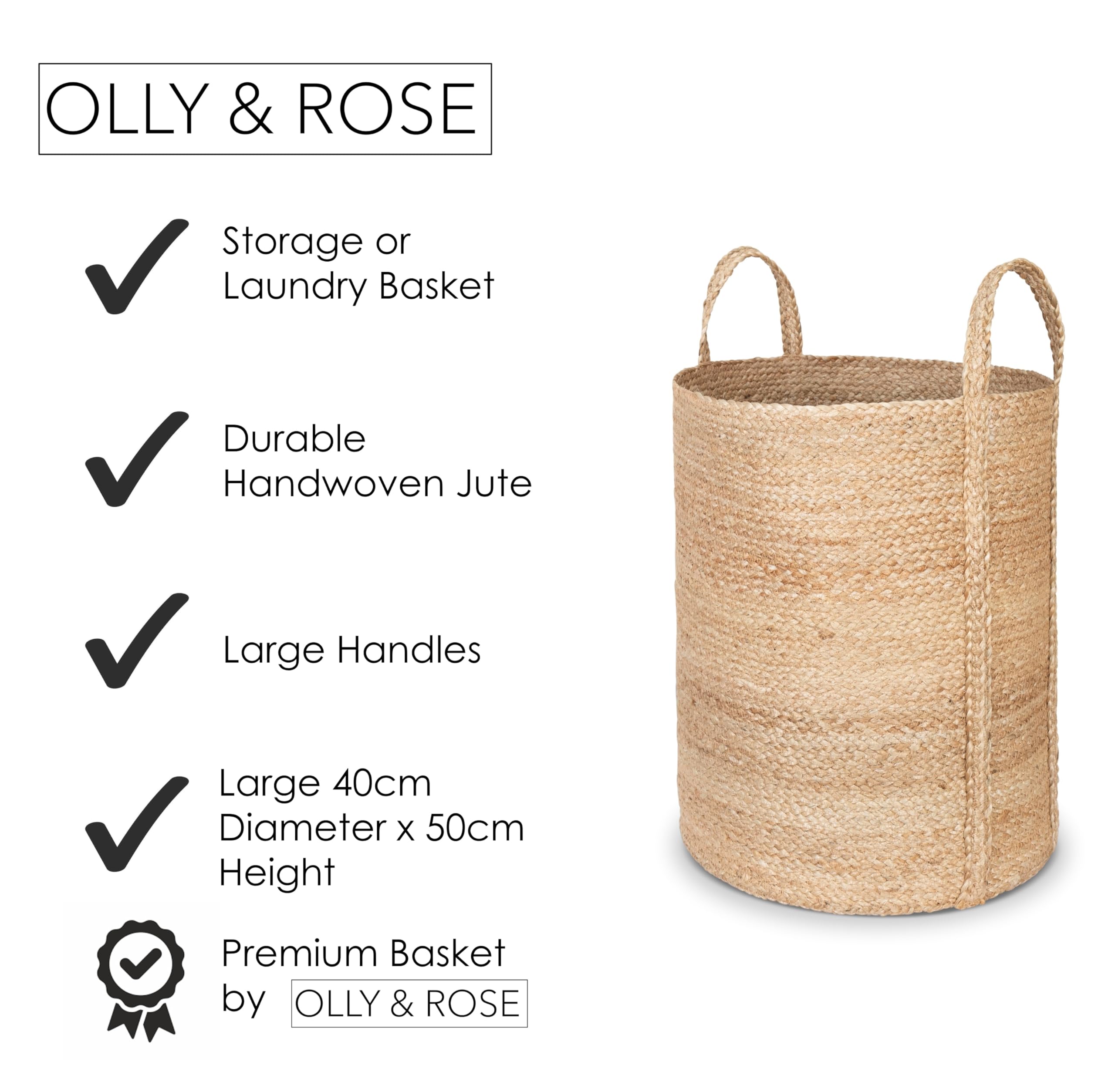 Olly & Rose Grande cesto portaoggetti in iuta intrecciata di alta qualità, fatto a mano, 40 cm x 50 cm, cesto portabiancheria di alta qualità, versatile, naturale