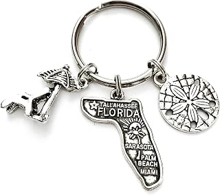 Florida Beach theme keychain. Includes State of Florida, Sand Dollar, and Beach Chair with Umbrella