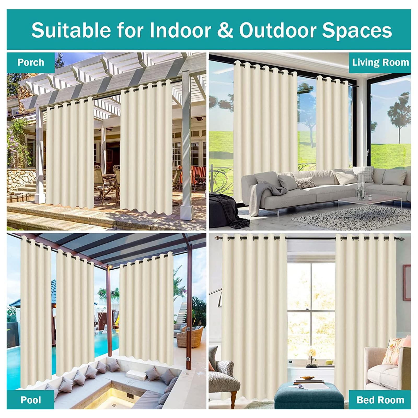Rideaux D'extérieur Largeur212*Hauteur120cm Rideau pour Pergola Imperméable Rideau Exterieur pour Terrasse Rideau Pare Soleil pour Balcon Terrasse Porche Pergola Belvédère