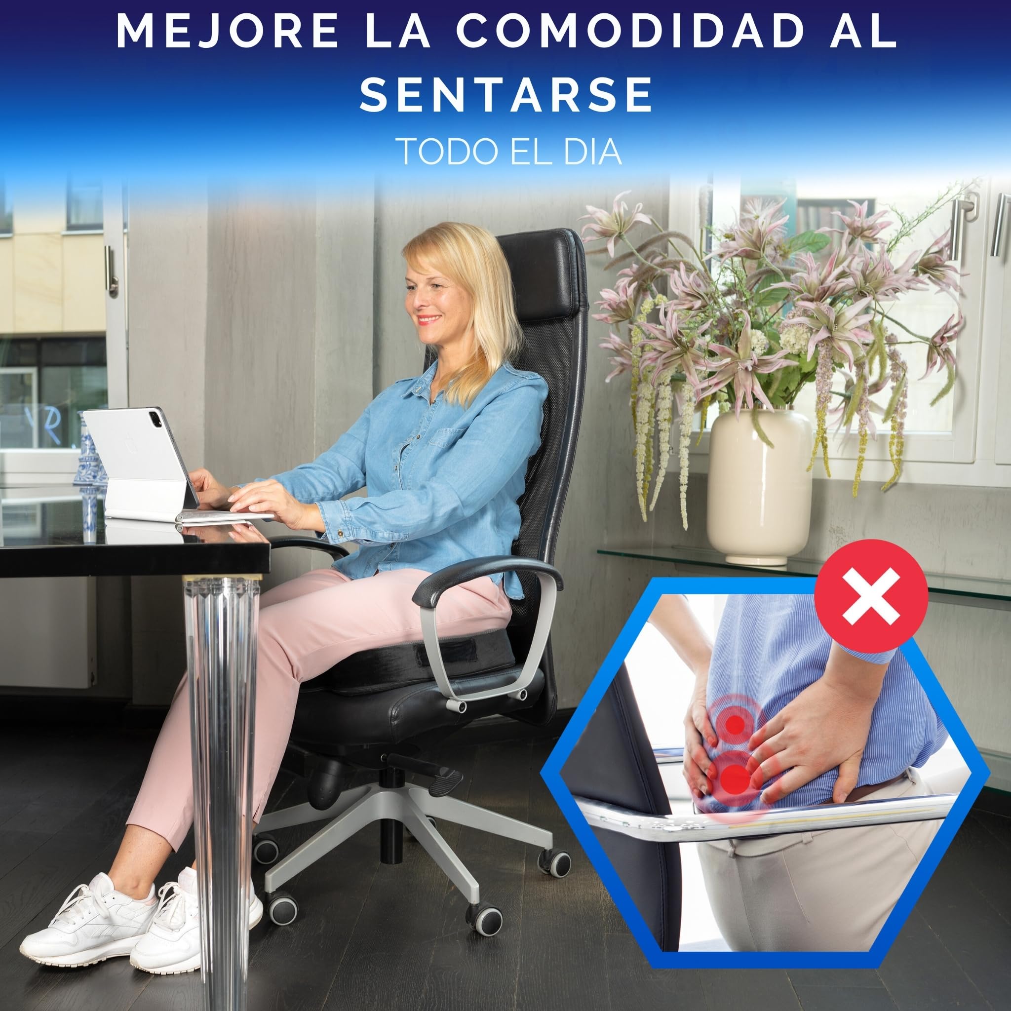 Healthfix® Cojín Ortopédico de Espuma Viscoelástica para Coxis y Ciática – Almohada Ergonómica para Silla de Oficina, Coche o Escritorio – Funda Lavable y Base Antideslizante