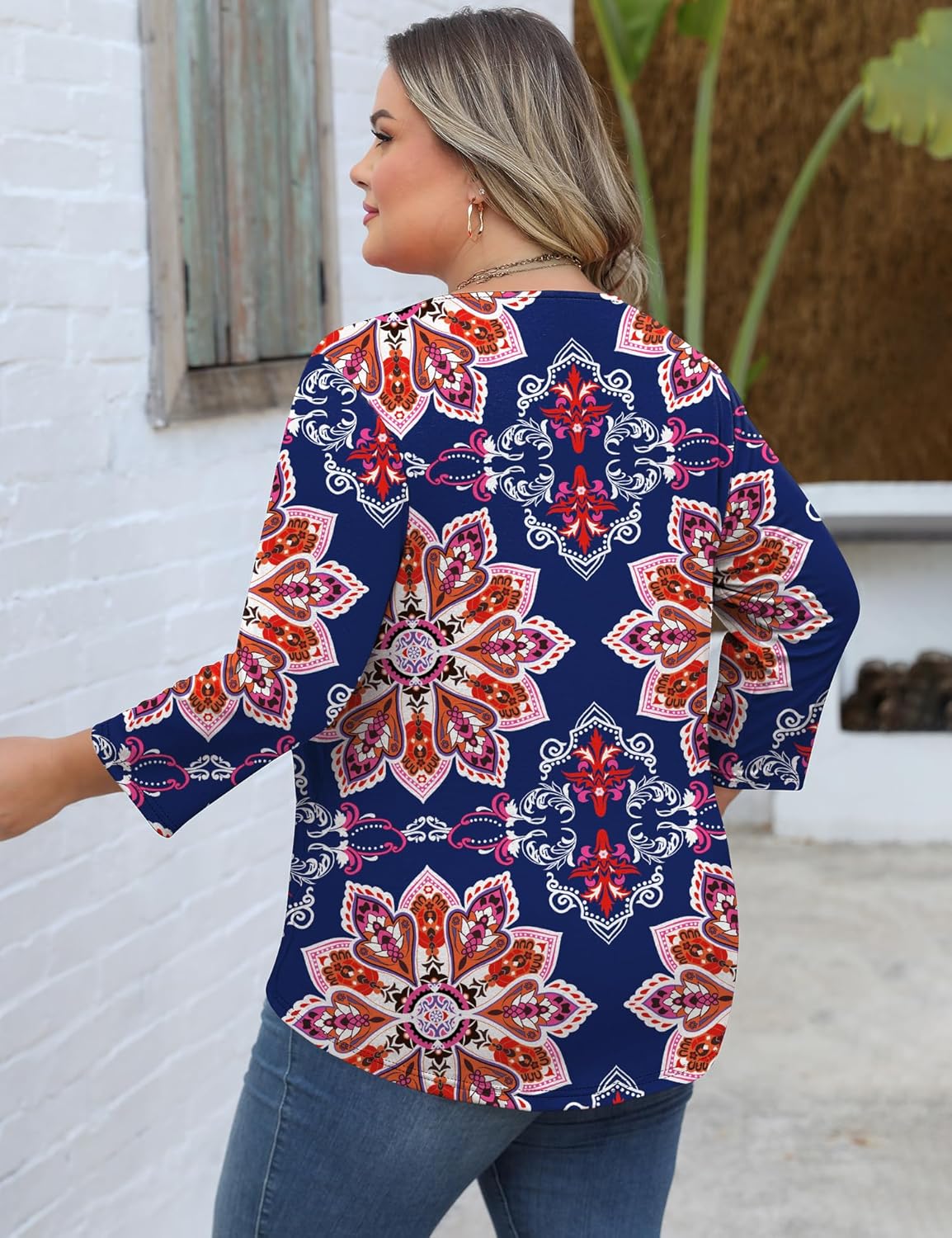 Romanstii Womens Plus Size Tops Casual 3/4 Sleeve V Neck T Shirt Loose Fit Tunic Blouse 1X-5X - Image 3