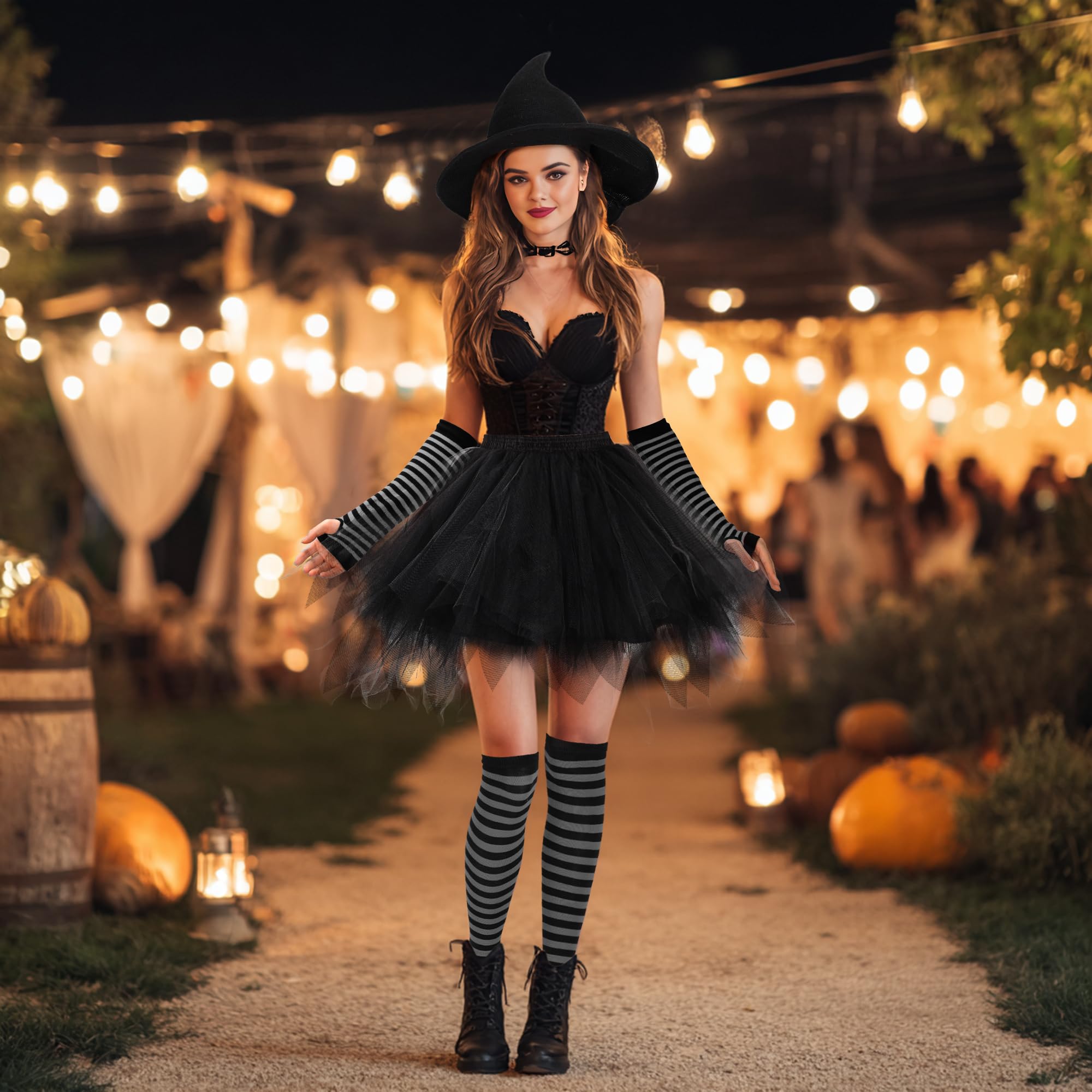 Ibeauti Halloween Witch Costumes for Women Girls Gothic Cosplay Witch Hat Tutu Skirt Striped Knee High Socks Arm Warmers Set