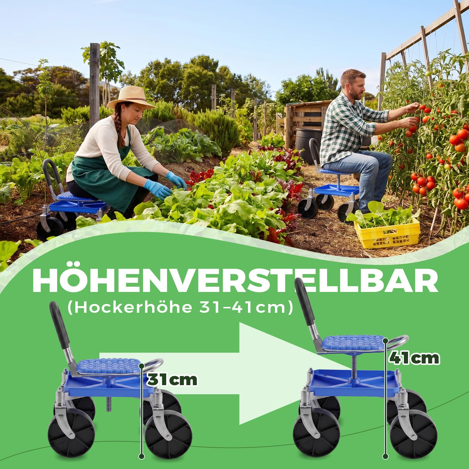 Gartensitz mit Rollen, Garten Rollsitz Gartenhocker, 360° Drehbarer | Rollbarer Gartenwagen mit Griff und Ablagefach, Höhenverstellbar, Tragkraft 150 kg, für Gartenarbeit & Autopflege