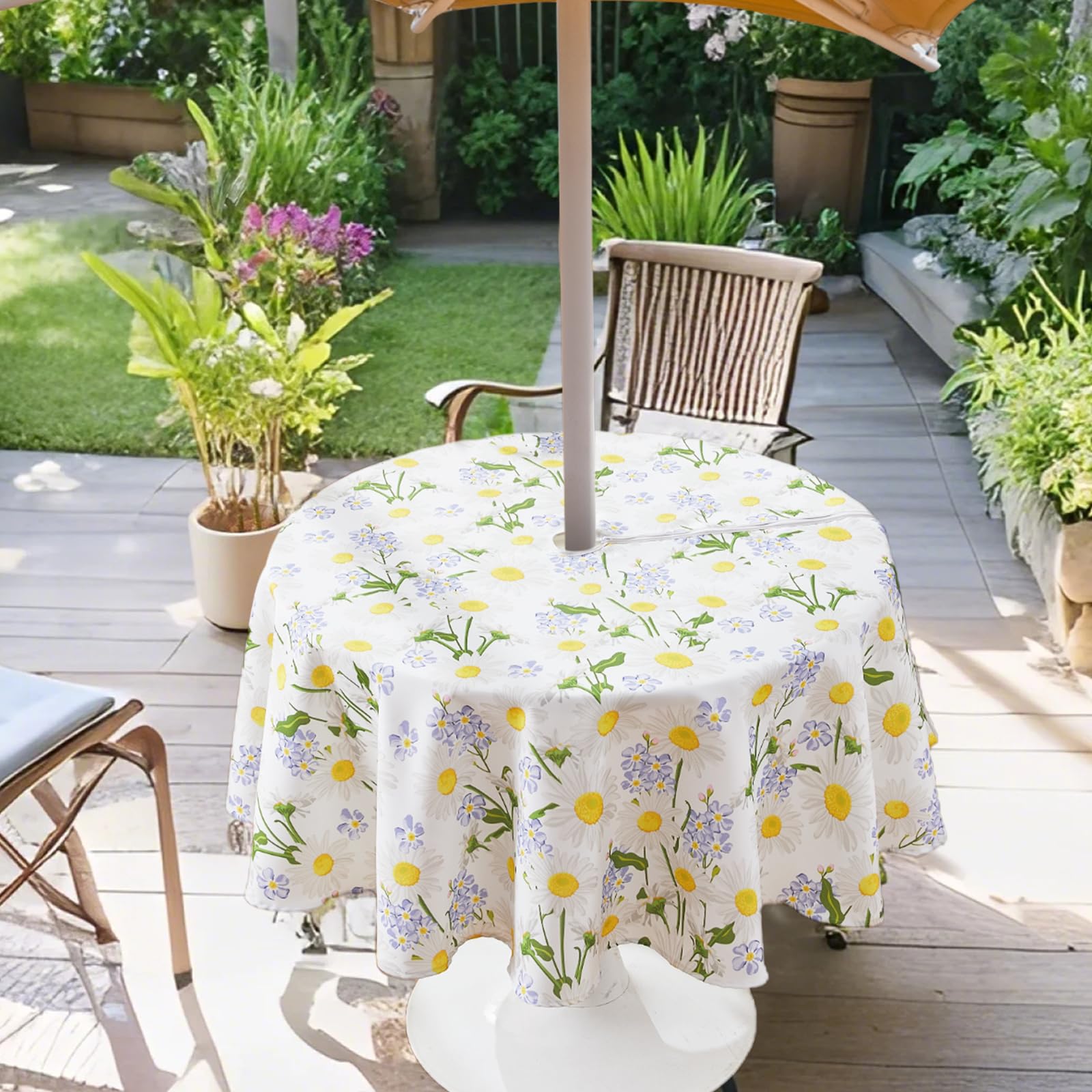 SUCHDECO Tovaglia rotonda impermeabile 150 cm con foro ombrellone cerniera bianco margherite