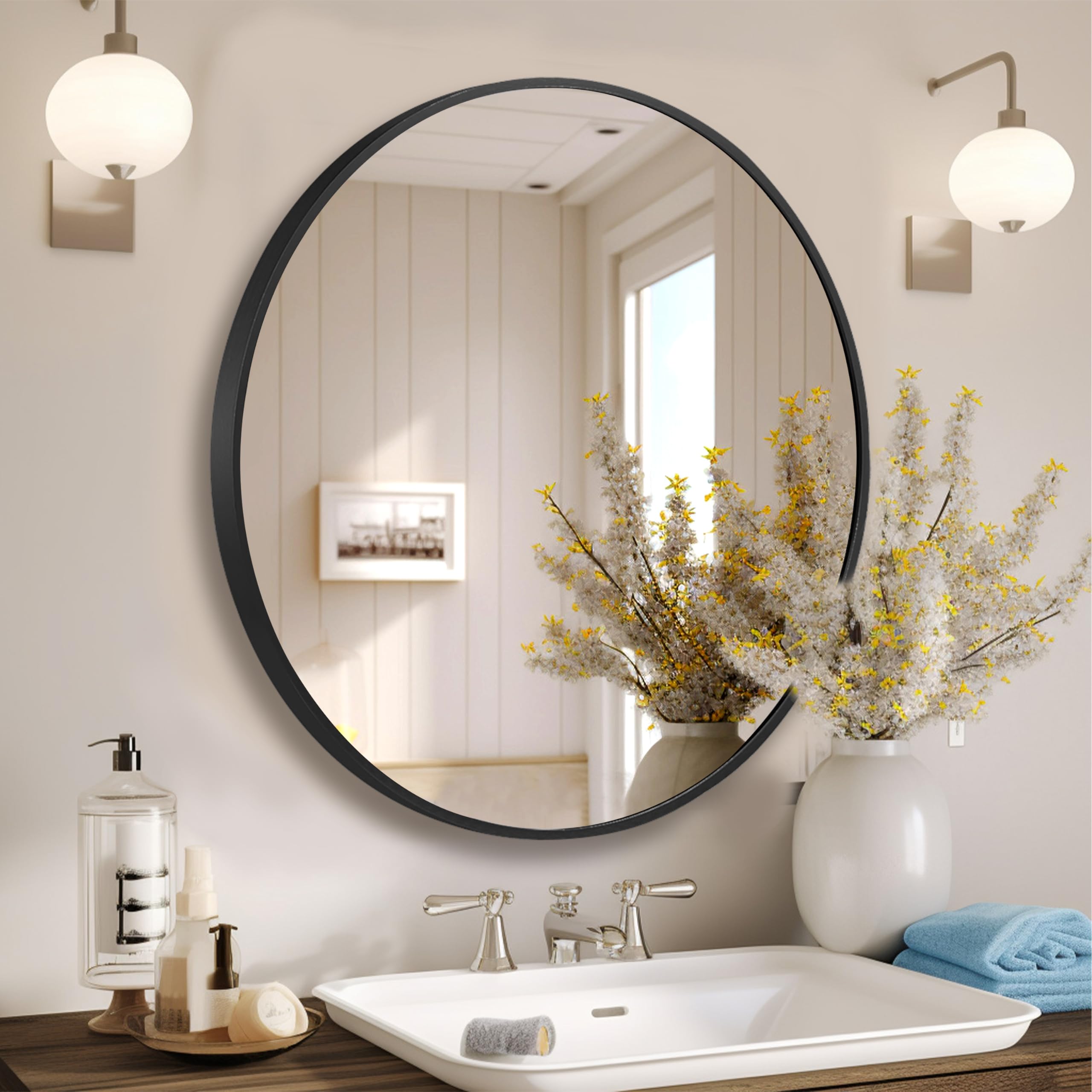 B&C 36 Inch Matte Black Round Mirror with 1.57" Brushed Aluminum Frame, Stylish Circle Mirror for Vanity, Large Circular Bathroom Mirror Over Sink, Bedroom Makeup Mirror, Living Room/Entryway