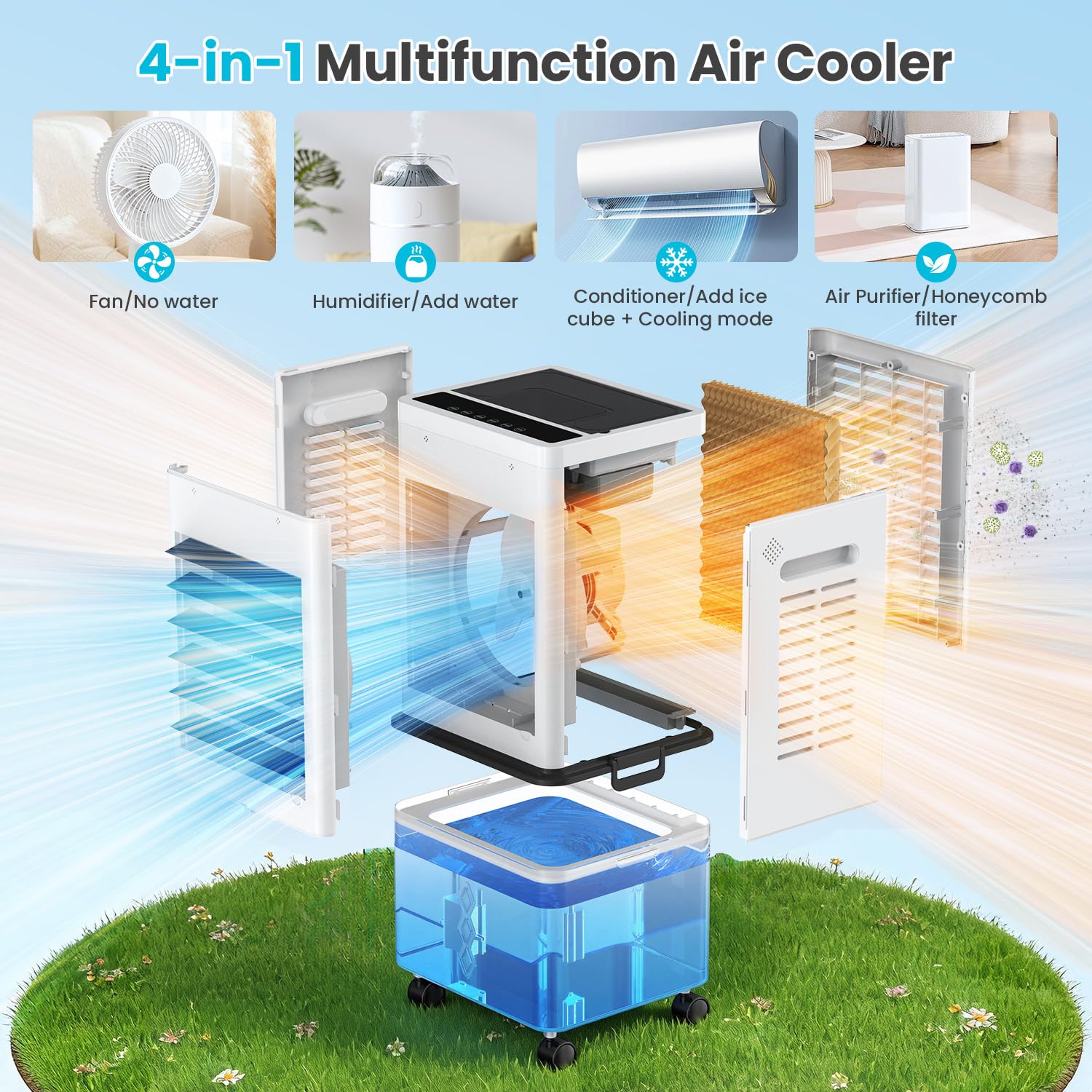 Climatiseur Mobile Sans Évacuation 12L, Rafraîchisseur d'Air Portable 3-en-1 avec 6 Vitesses, Climatiseur Mobile Silencieux avec Télécommande, Minuterie 24H, Refroidisseur d'Air 45W Économe en Énergie