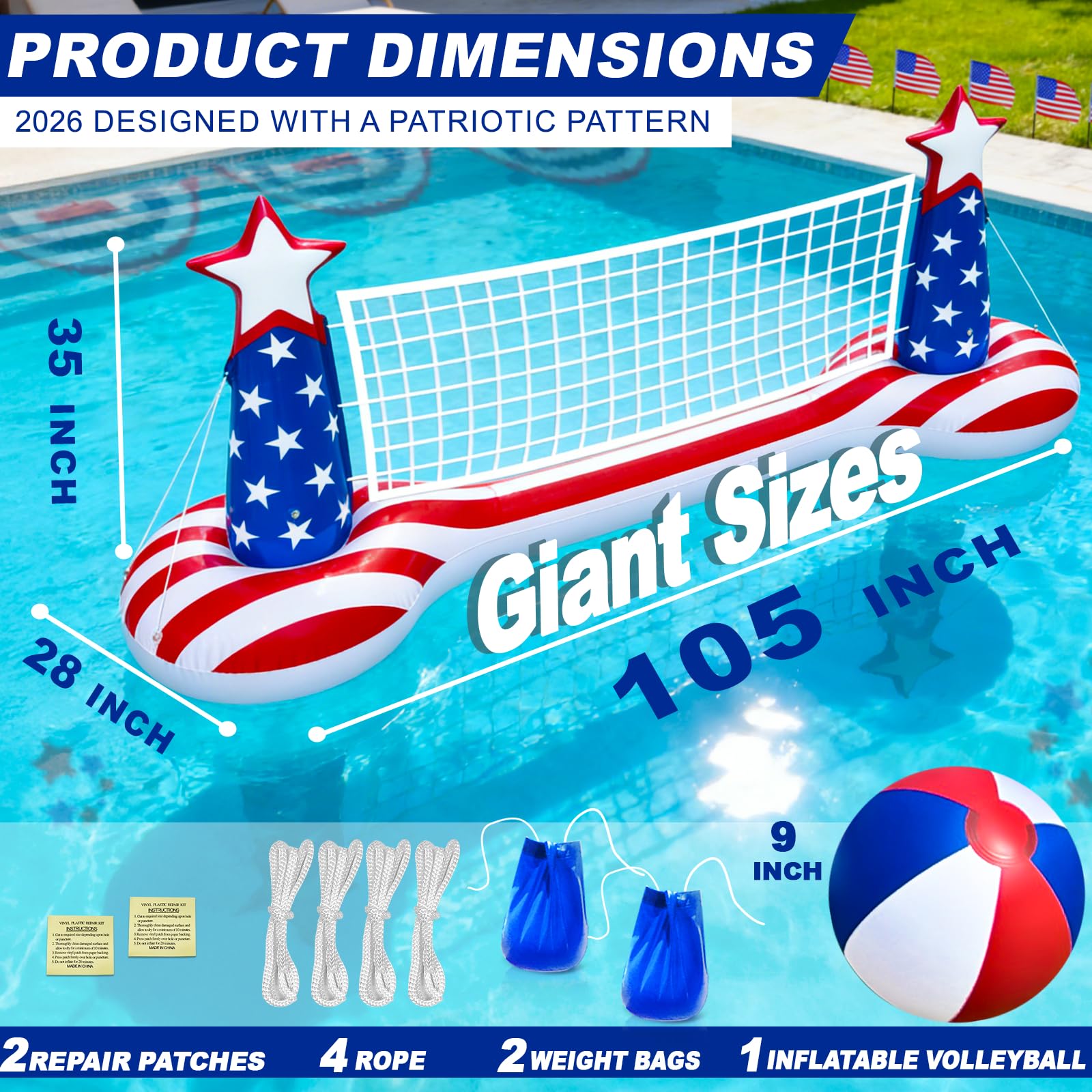 Grande galleggiante gonfiabile per piscina con pallone da spiaggia da 22,3 cm, 2 sacchi per pesi e bandiera americana, giocattolo galleggiante per adulti e bambini, perfetto per feste