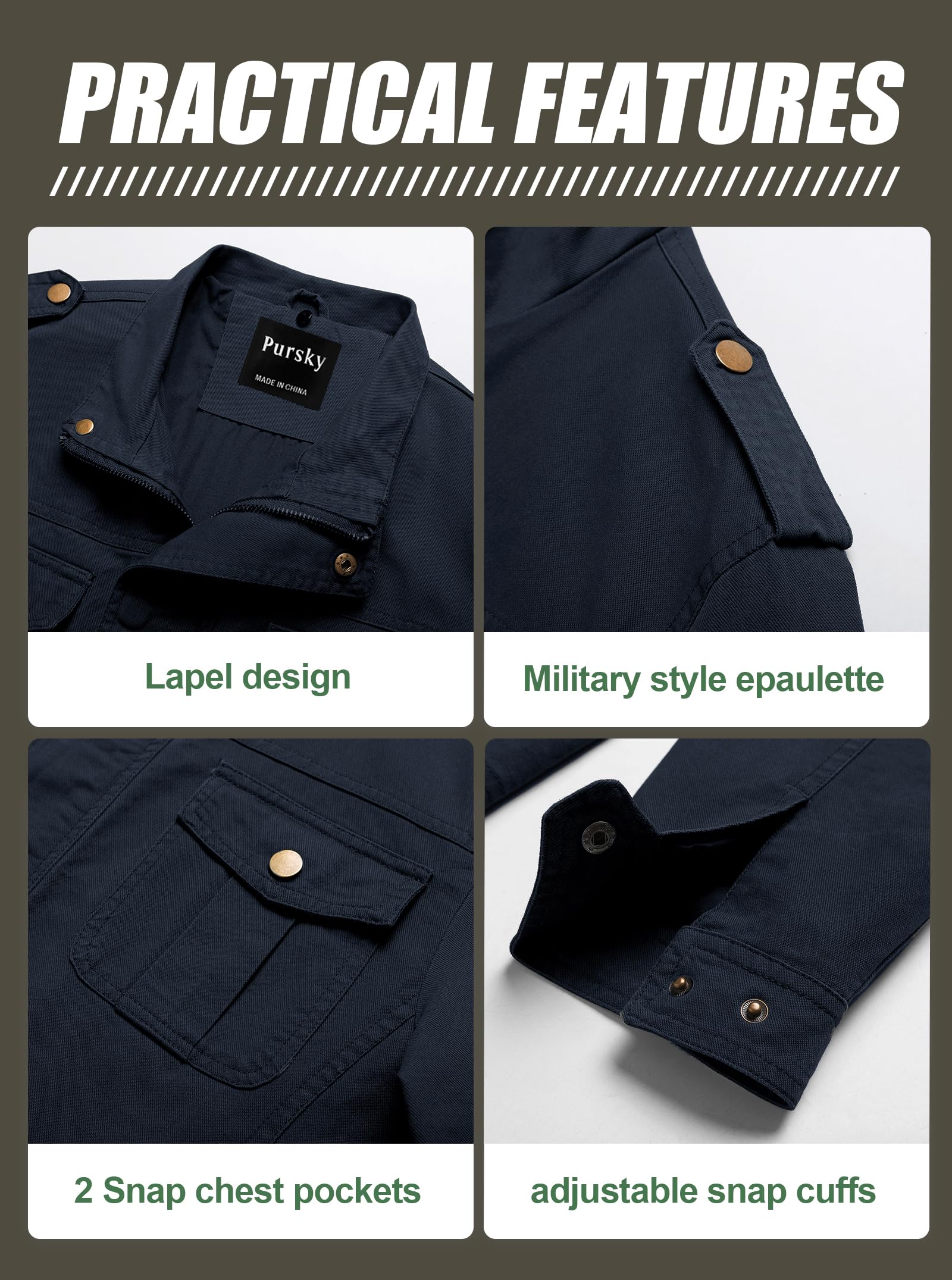 Pursky, Herren Militärjacke aus gewaschenem Baumwoll-Canvas, mit Kapuze, lässige Übergangsjacke für den Herbst