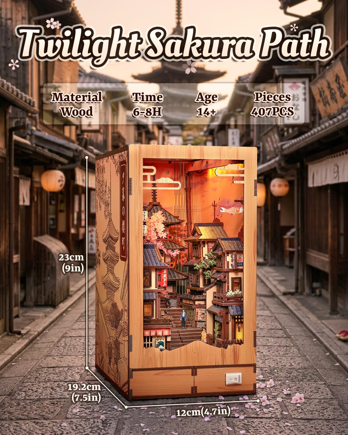 Book Nook Japonais Sakura Street - Kit 293 Pièces - Maison Miniature DIY Avec LED - Puzzle 3D En Bois Pour Adultes Et Ados