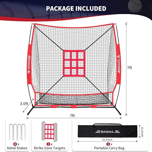 Miniatura 3 de BAGAIL 7x7 ft Baseball & Softball Practice Net with Bow Frame for Batting, Hitting, Pitching, Portable Baseball Throwing Net with Strike Zone, Carry