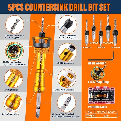 Miniatura 2 de Juego de brocas avellanadoras con tope de profundidad (18 pulgadas, 964 pulgadas, 532 pulgadas, 38 pulgadas, 12 pulgadas), taladro avellanador de