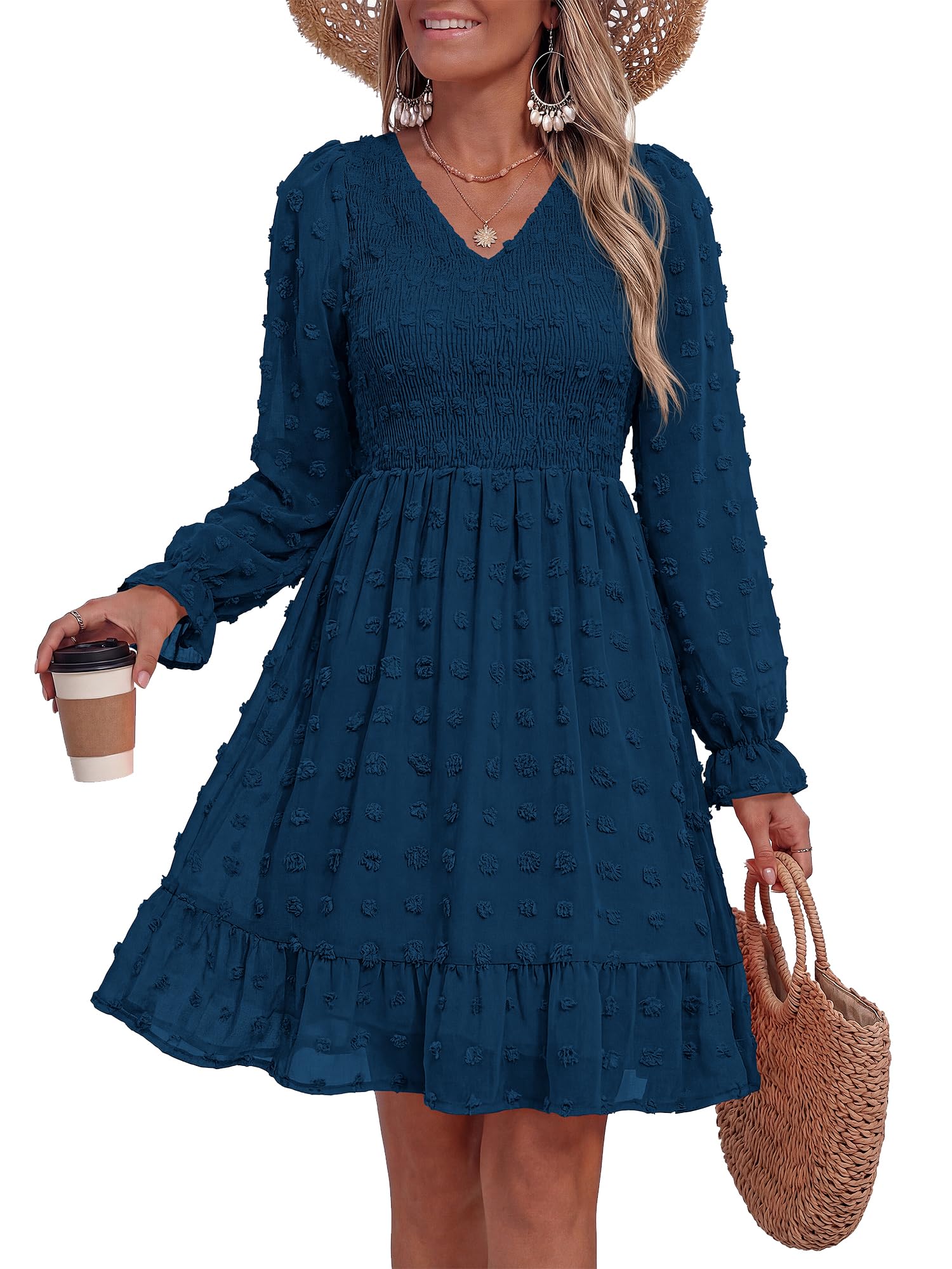 Women's Swiss Dot Flowy Long Sleeve Dress