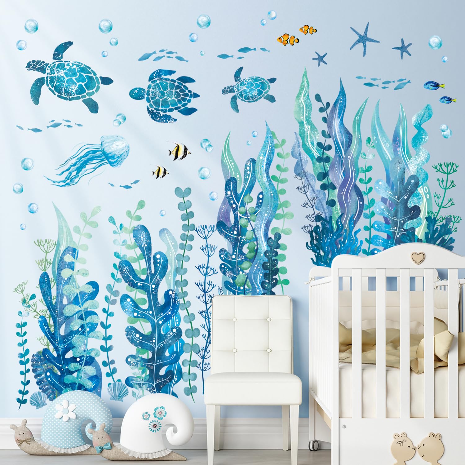 35 pezzi di pesce / set adesivo da parete in vinile impermeabile rimovibile decorazione della parete del bagno, decalcomanie da muro di scena di pesci dell'oceano per la cameretta dei bambini della
