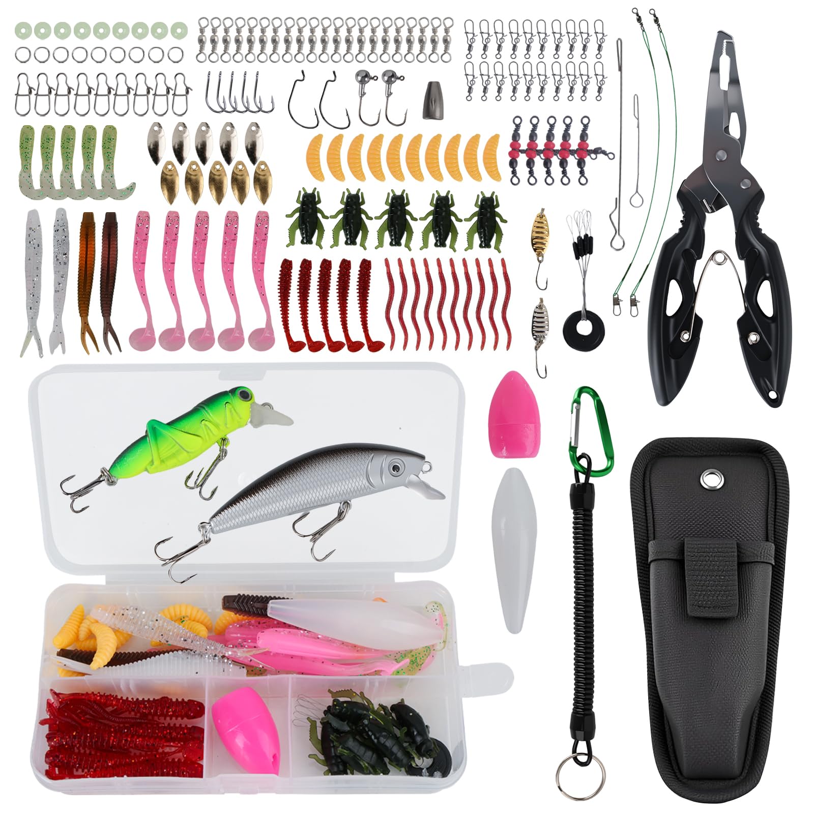 Juego de 153 señuelos de pesca con 29 variantes y caja de cebo – Wobbler, peces de goma, spinner para agua dulce y salada – Juego completo para principiantes y profesionales
