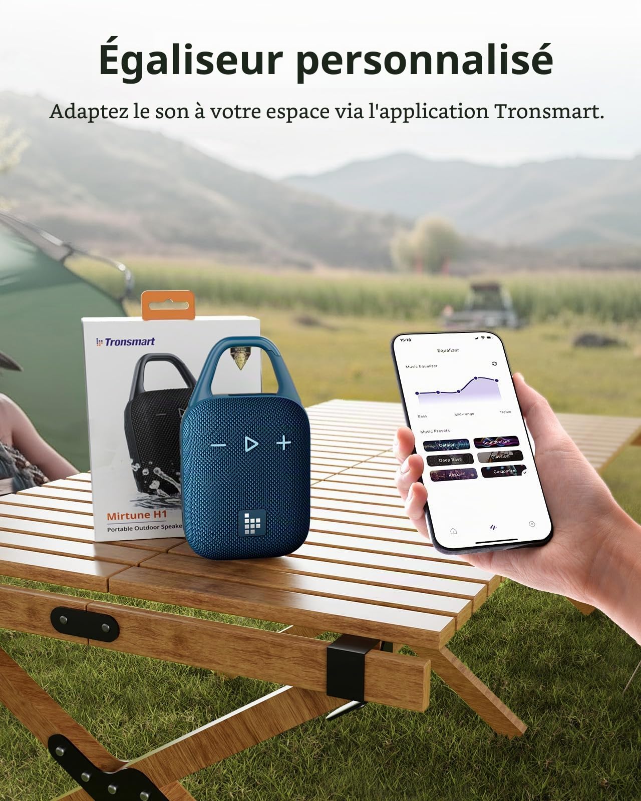 Tronsmart Mirtune H1 Enceinte Portable Bluetooth 5.3, IPX7 Waterproof, 20 Heures de Lecture, Son Fort et Basses puissantes, EQ personnalisé, pour Le Cyclisme, l'escalade, Les Voyages - Bleu